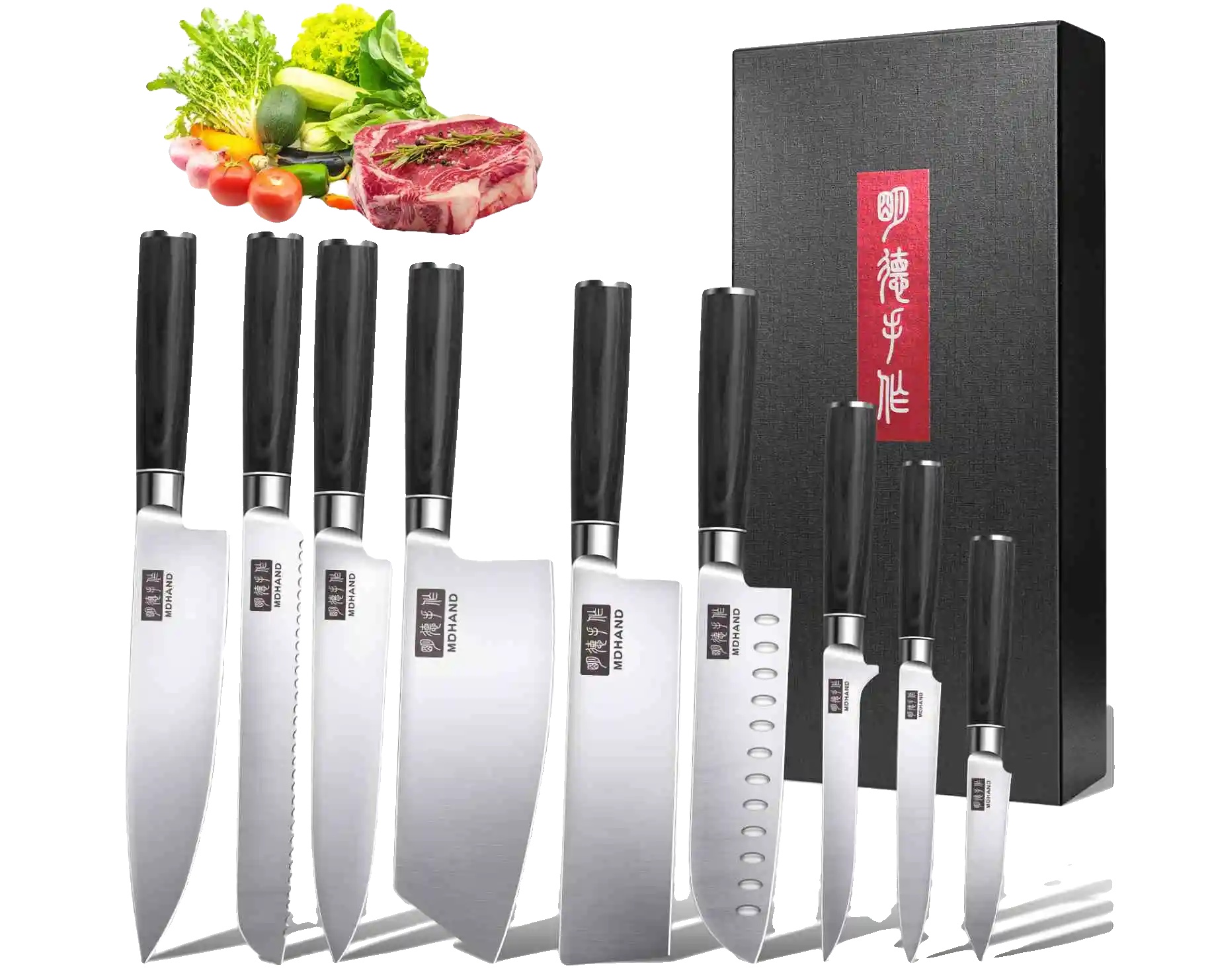 Küchenmesser Set, Ergonomische Griffe, Edelstahlklingen, 9stück