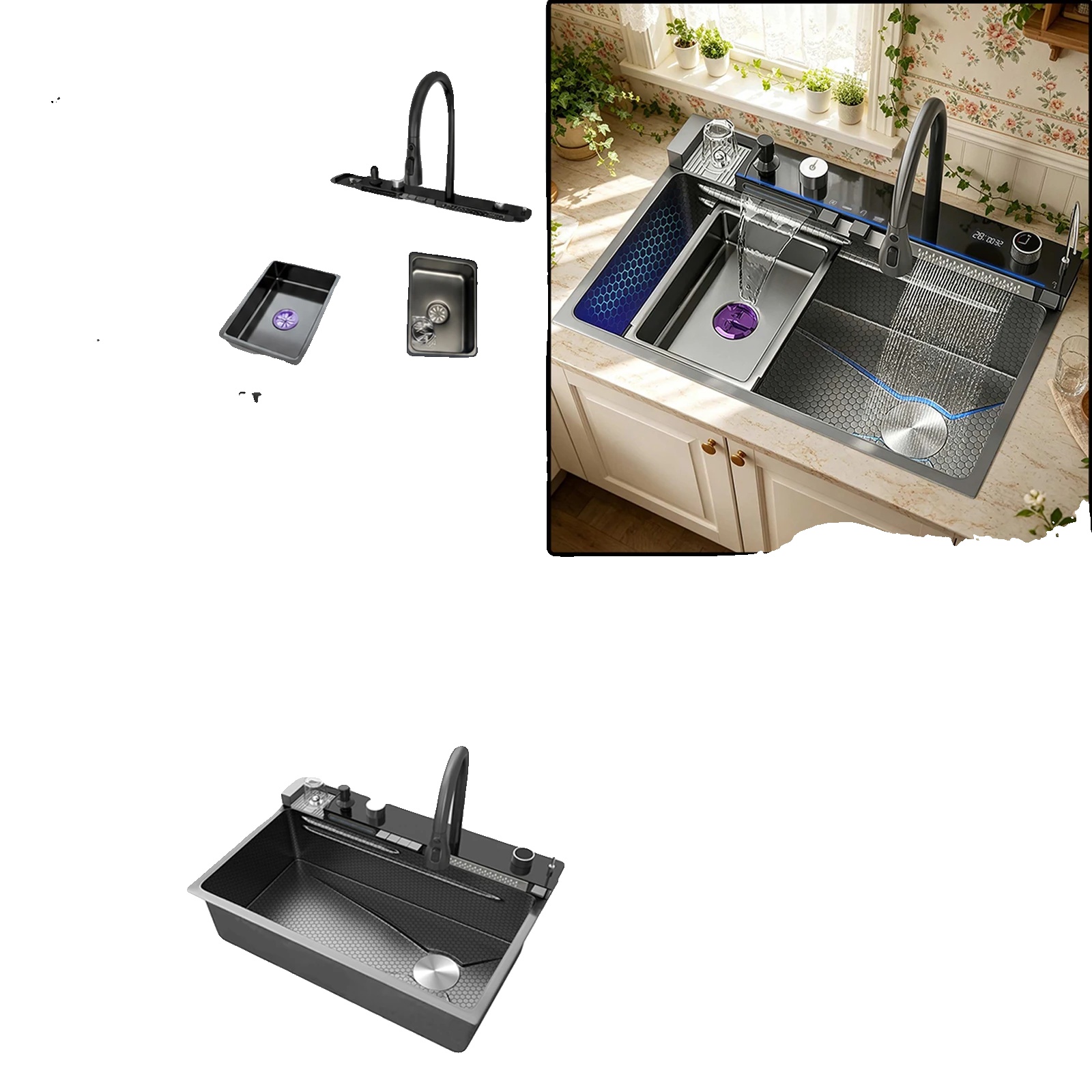 Küchenspüle, Edelstahl, Einzelbecken, Fm-6846cm-set-rechts