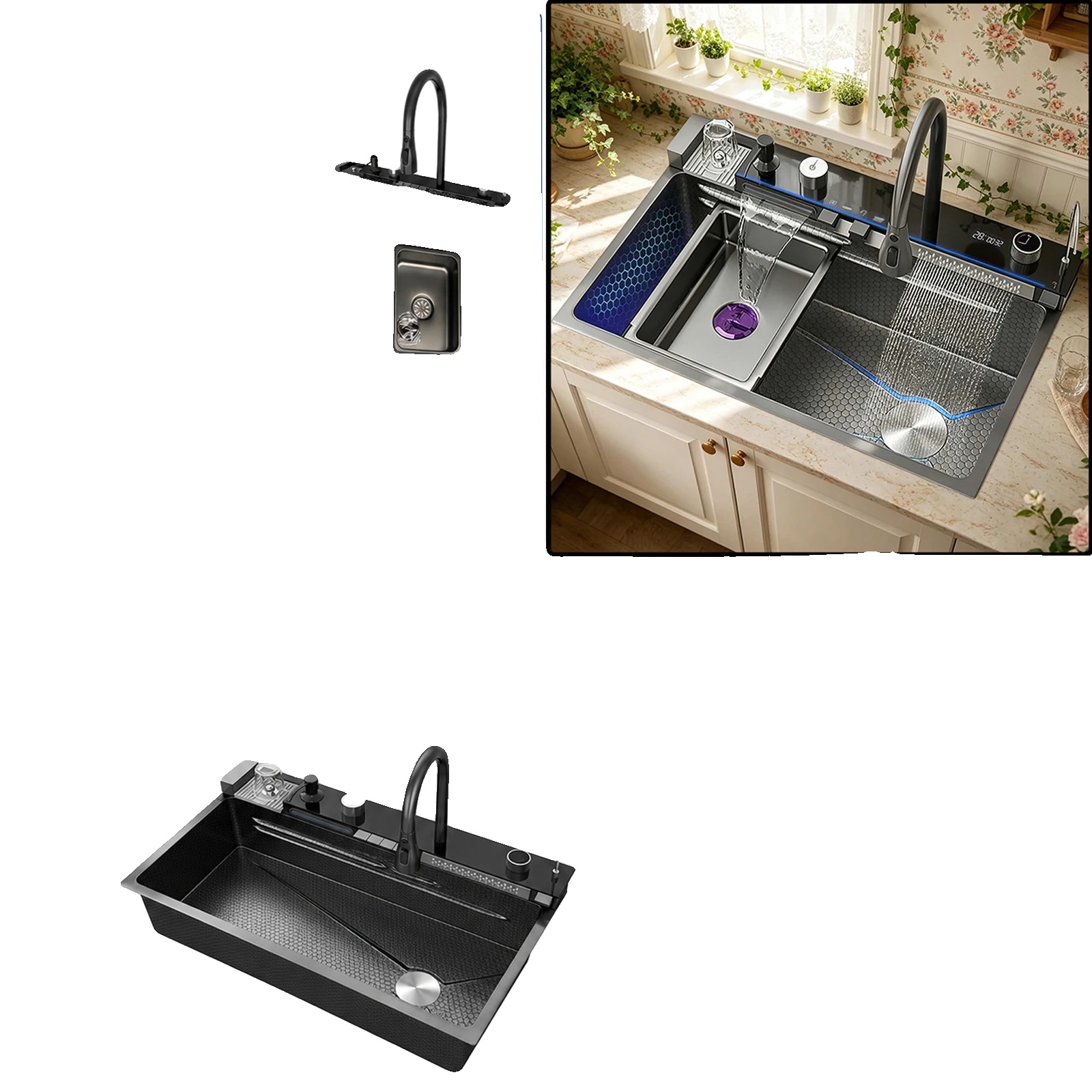 Küchenspüle, Edelstahl, Einzelbecken, Fm-8046cm-set-rechts