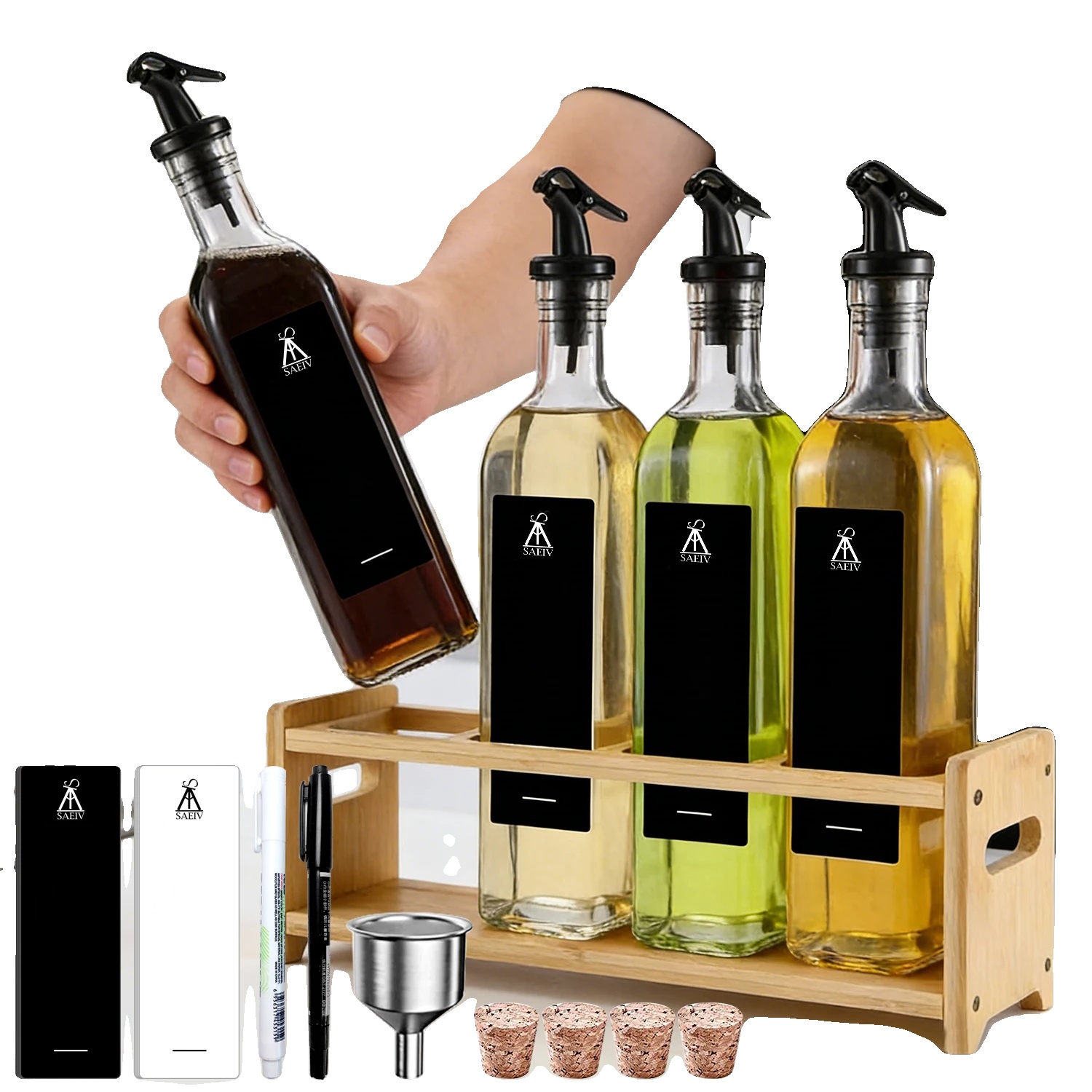 Öl- Und Essigspender-set, Auslaufsicheres Design, Bambusständer, 4stk500ml