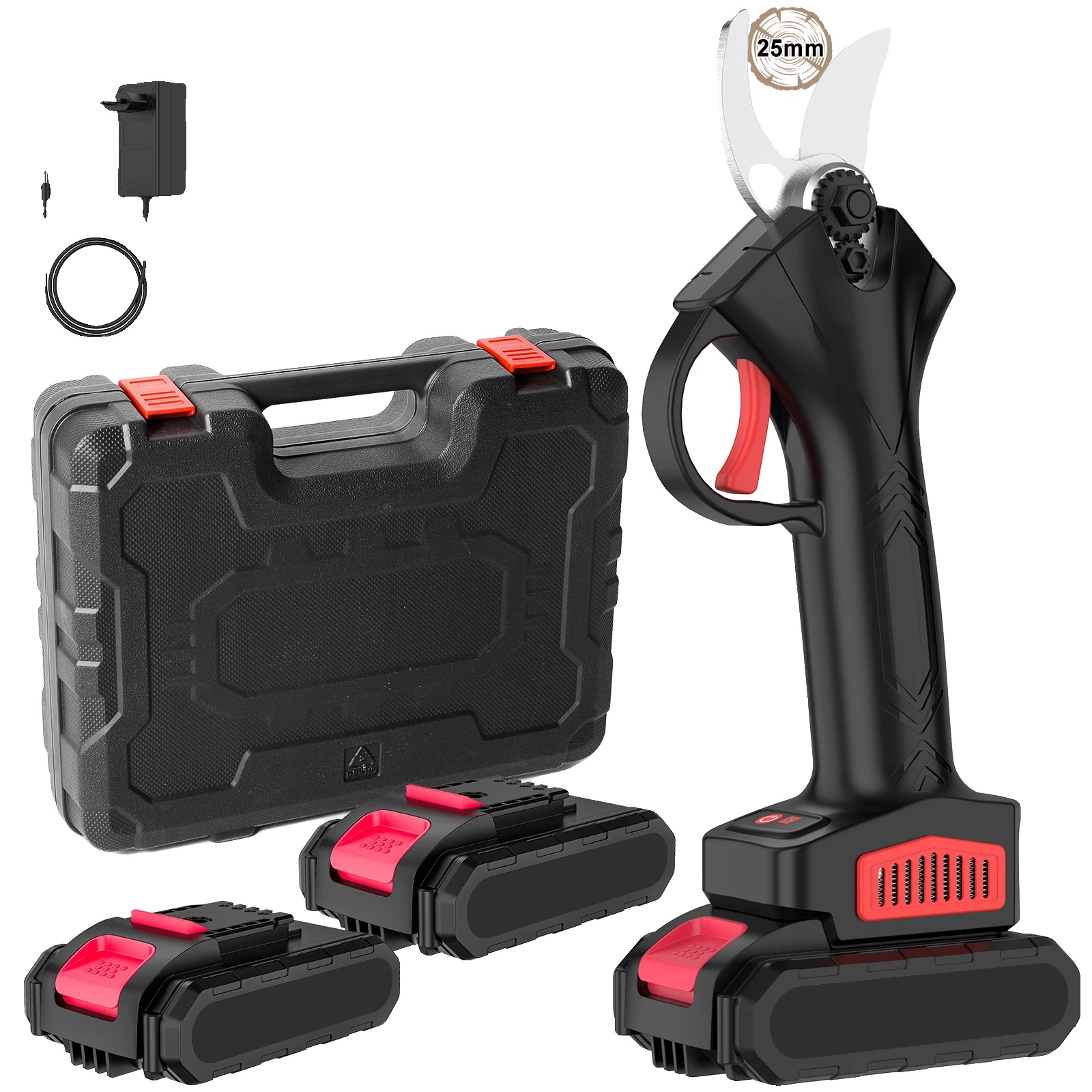 Akku-elektro-gartenschneider, Bürstenloser Motor, Zwei Batterien, Schwarz, Zwei Batterien