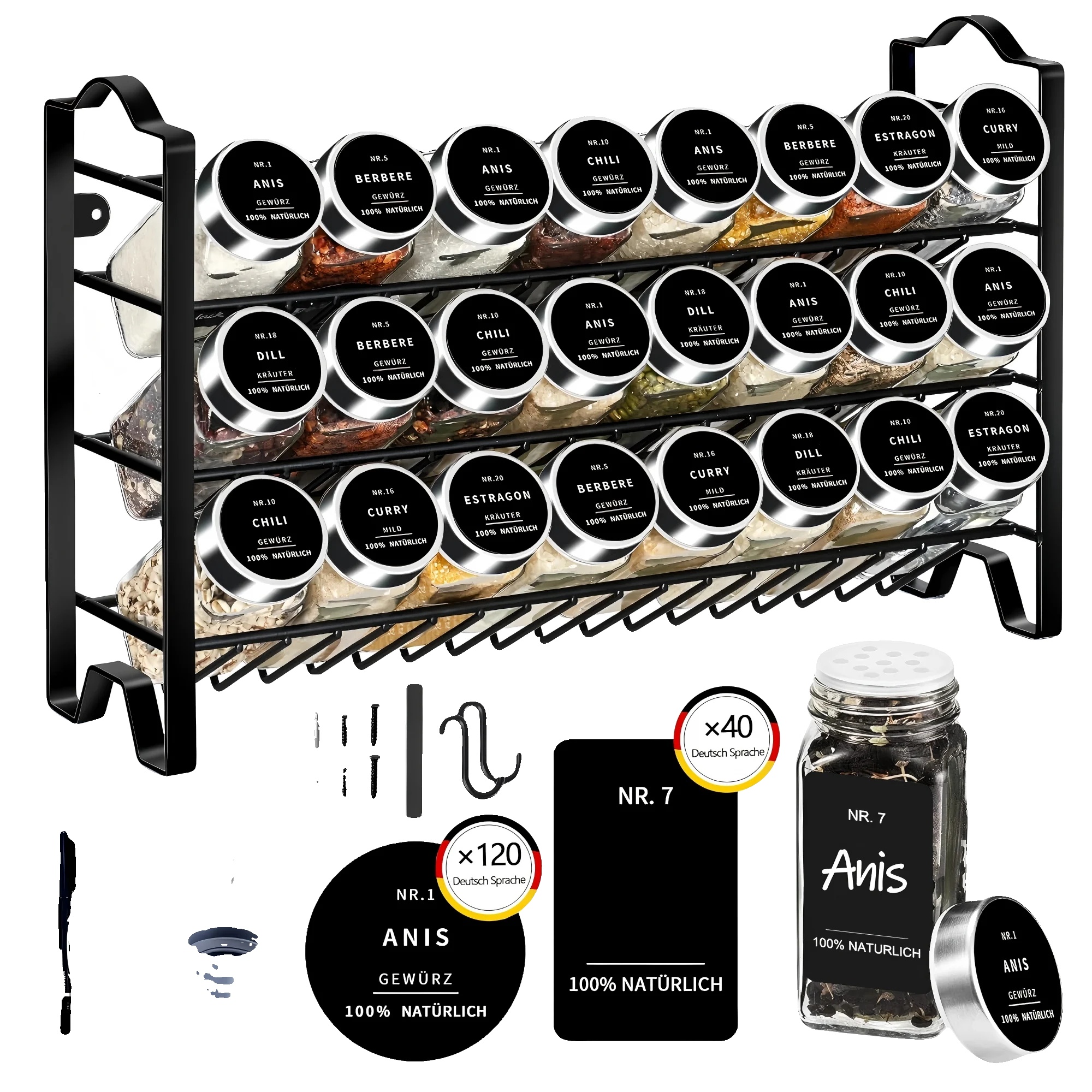 Zustandsregal, Dreistufiges Design, Einschließlich 24 Glasbehältern, Gewürzglas-set, M, 3-stufig
