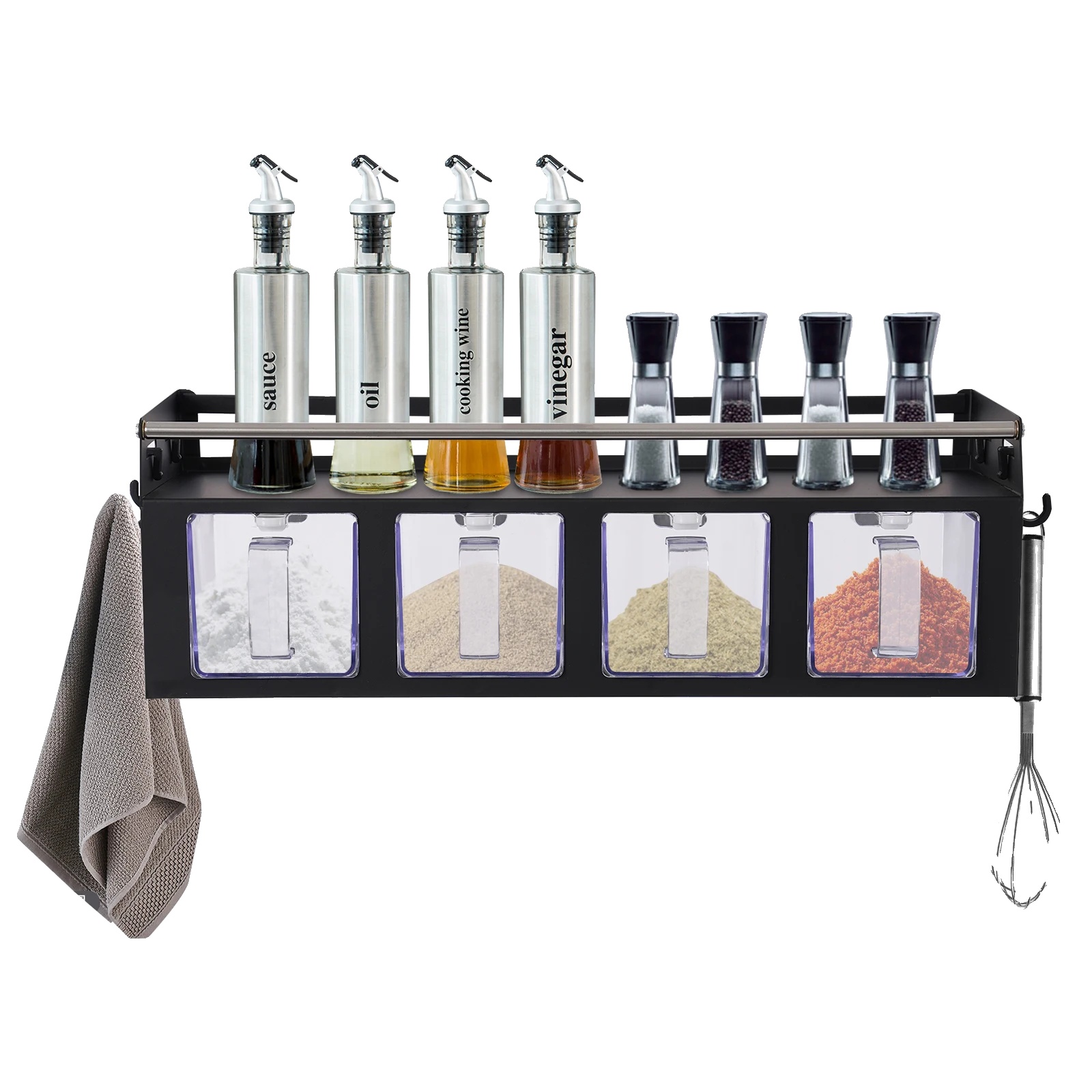 Gewürzorganizer, 4 Haken, 4 Fächer, Schwarz