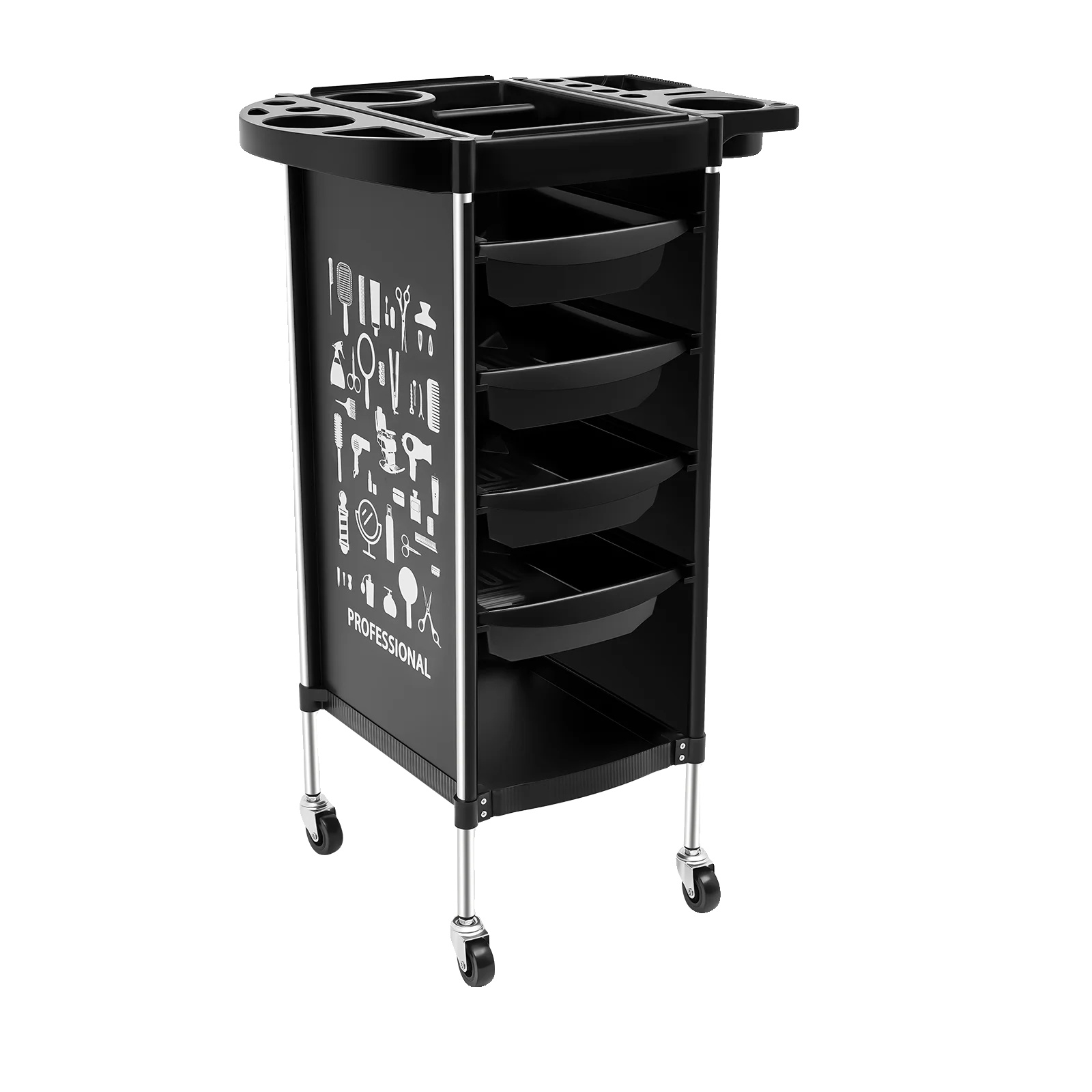 Salonwagen, 4 Schubladen, Universelle Räder, Schwarz