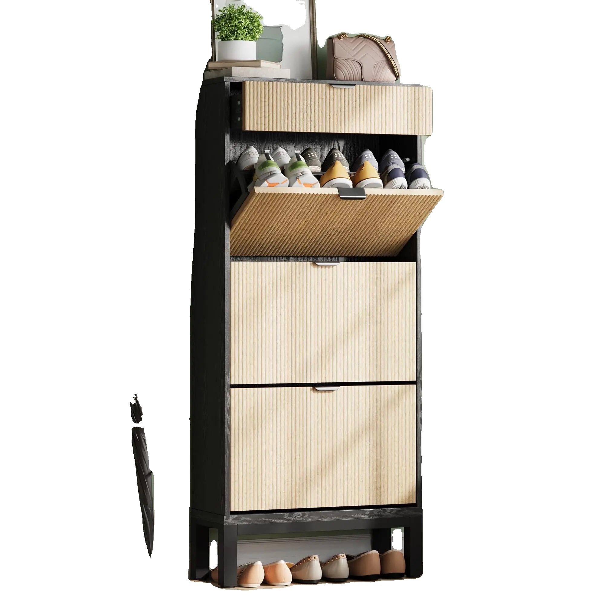 Schuhschrank, Klapptüren, Platzsparendes Design, Schwarze-eiche