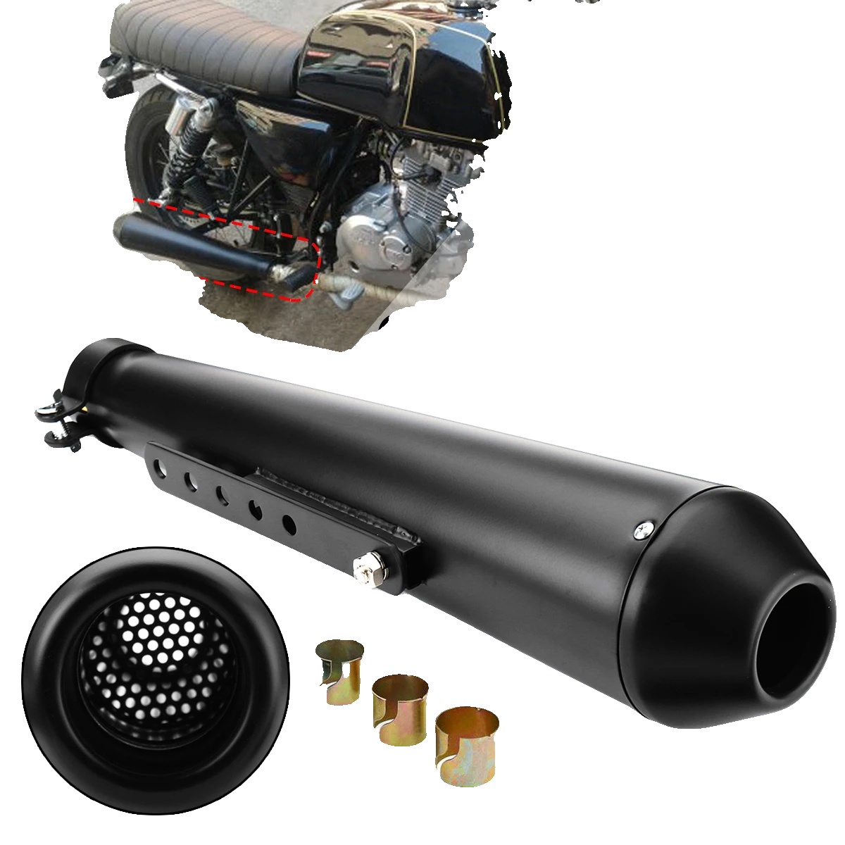 Motorrad-auspuffrohr, Eisenmaterial, 44,5 Cm Länge, Universelle Kompatibilität, 3 Reduzierhülsen Enthalten, Matte Schwarze Oberfläche