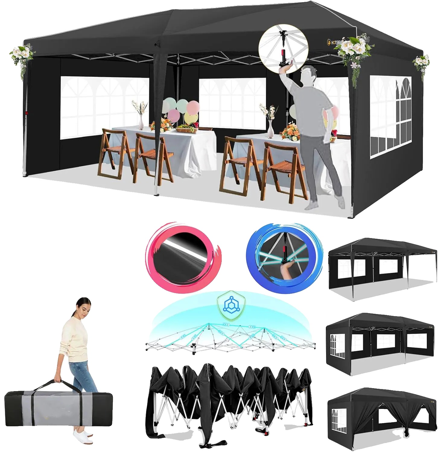 Pop-up Pavillon, Einfache Montage, Wasserdichtes Design, Schwarz