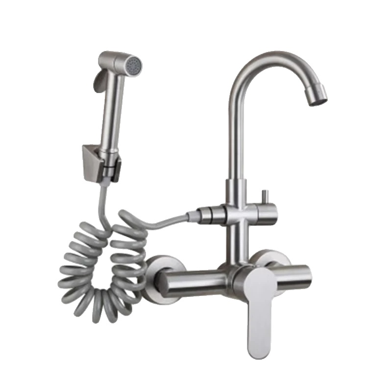 Wandmontierte Küchenarmatur, Edelstahlkonstruktion, Drehbarer Auslauf, Bürstetes Nickel