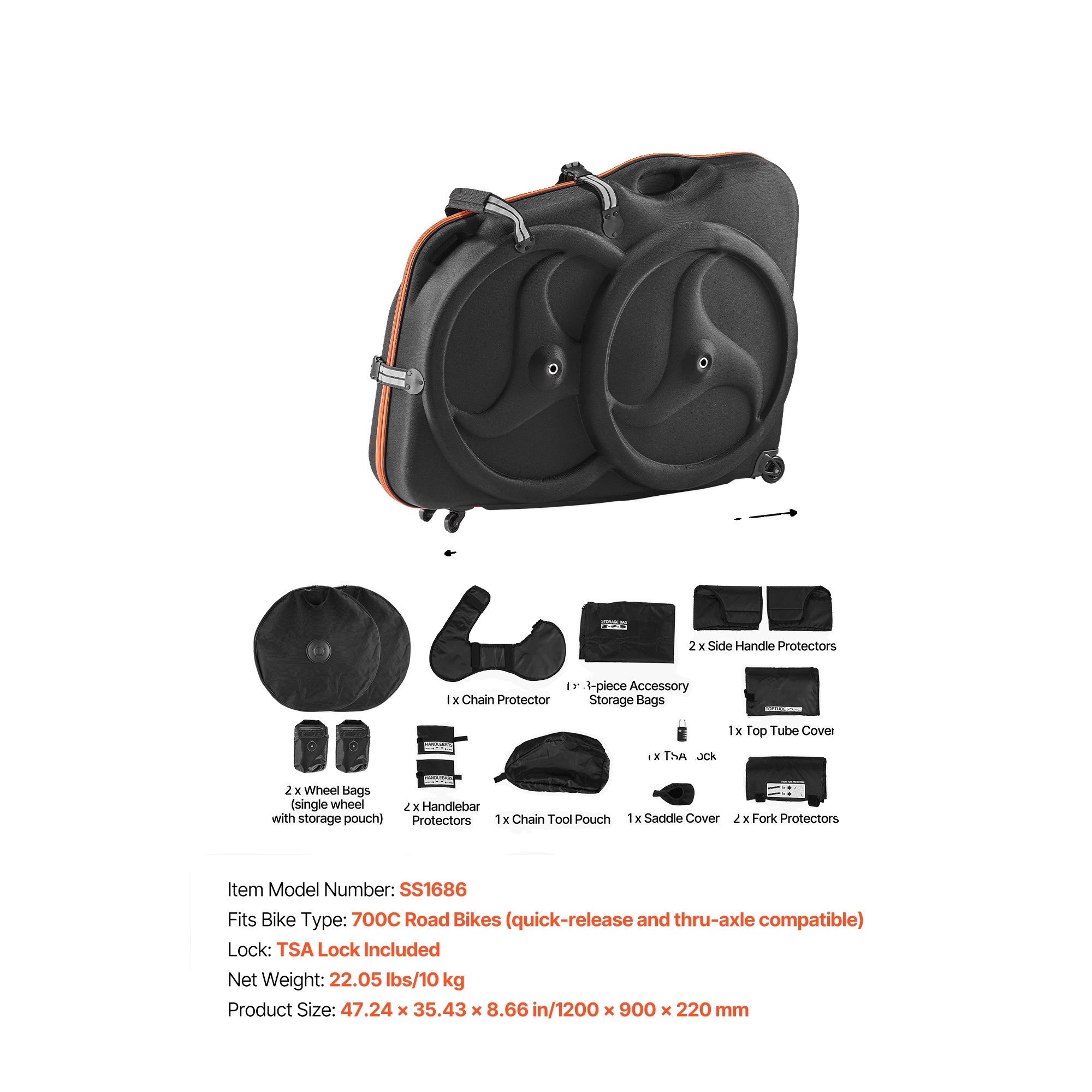 Fahrrad Reisetasche, Eva Hartschale, Tsa-schloss, Sichere Transporttasche Für 700c Rennrad, Schwarz