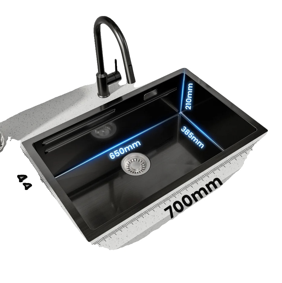 Küchenspüle, Nano-beschichteter Edelstahl, Doppel-ledger-schienensystem, Schwarz