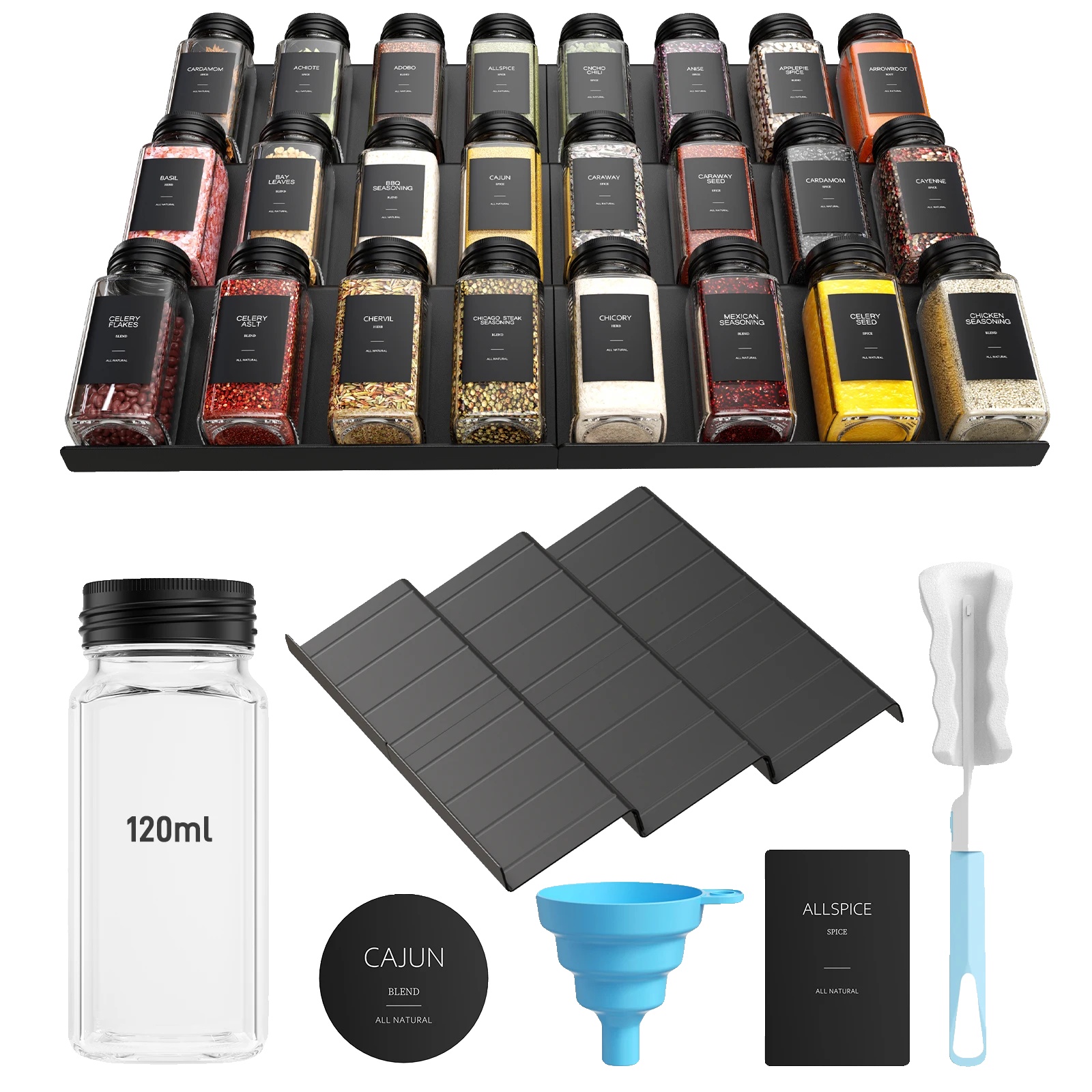 Glas Gewürzgläser Set, Verstellbarer Schubladenorganizer, Luftdichtes Design, Schwarz