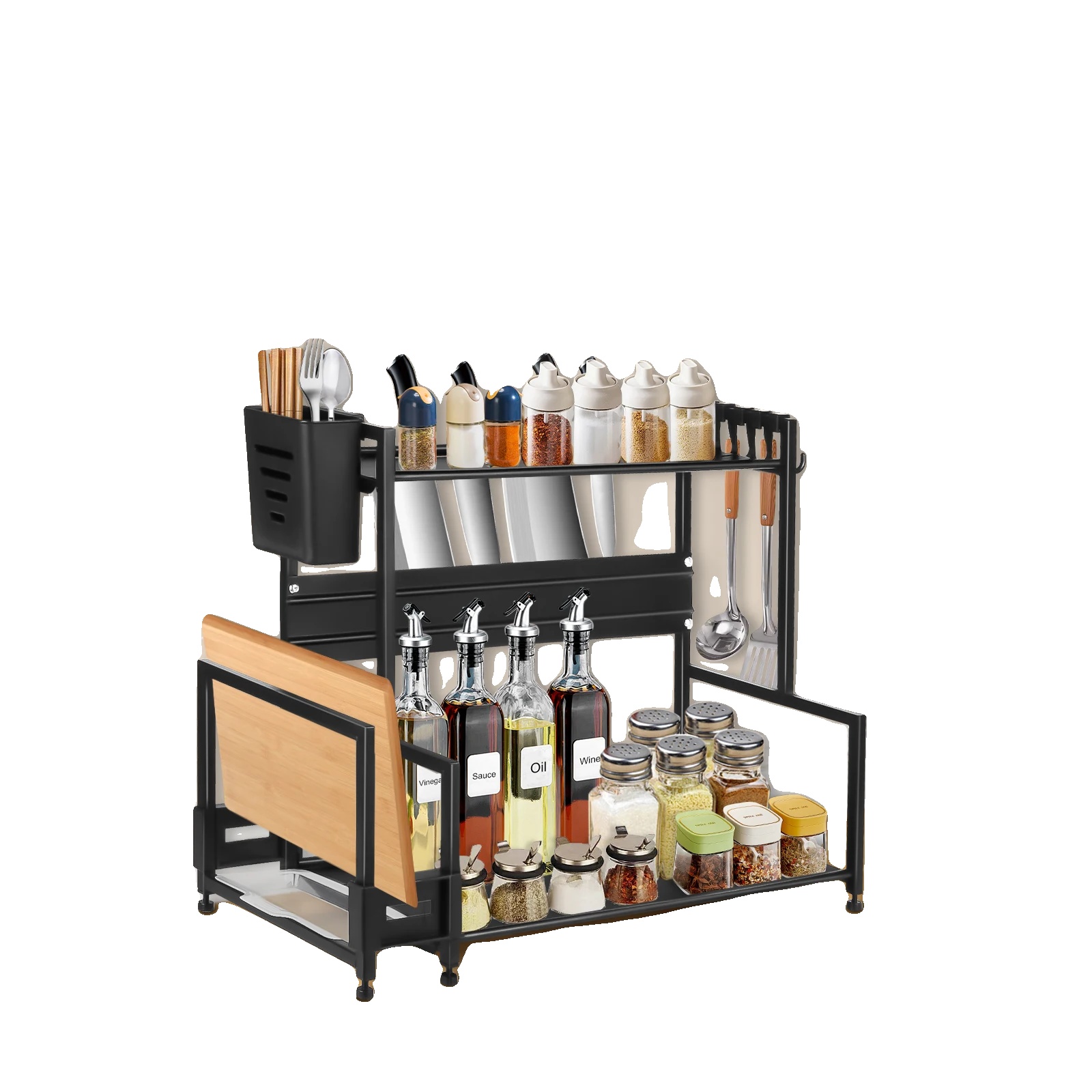 Gewürzregal, 2-lagiges Design, Kohlenstoffstahl Und Kunststoff, 6 Zusätzliche Haken, Küchenorganizer, Schneidebrettständer