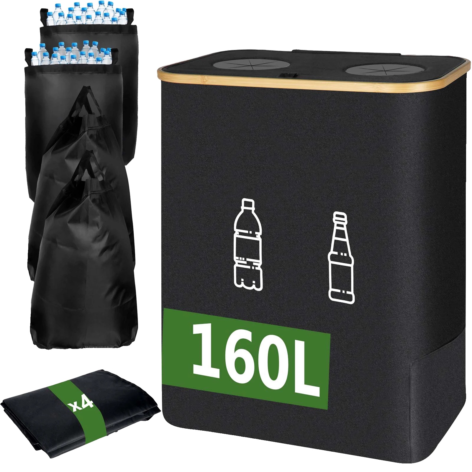 Recyclingbehälter, 160l Fassungsvermögen, Abnehmbare Waschbare Innentaschen, Schwarz