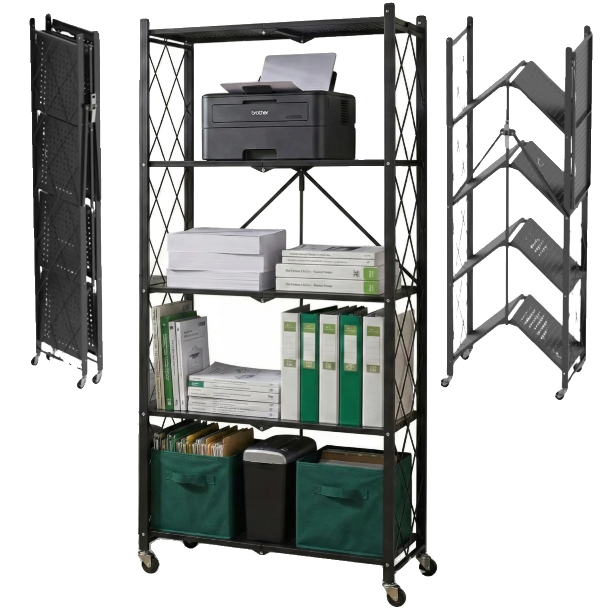 Faltbarer Lagerregal, Stahl, 163 Cm X 72 Cm X 34 Cm, 100 Kg Tragfähigkeit, 5 Regale, 360° Schwenkbare Räder