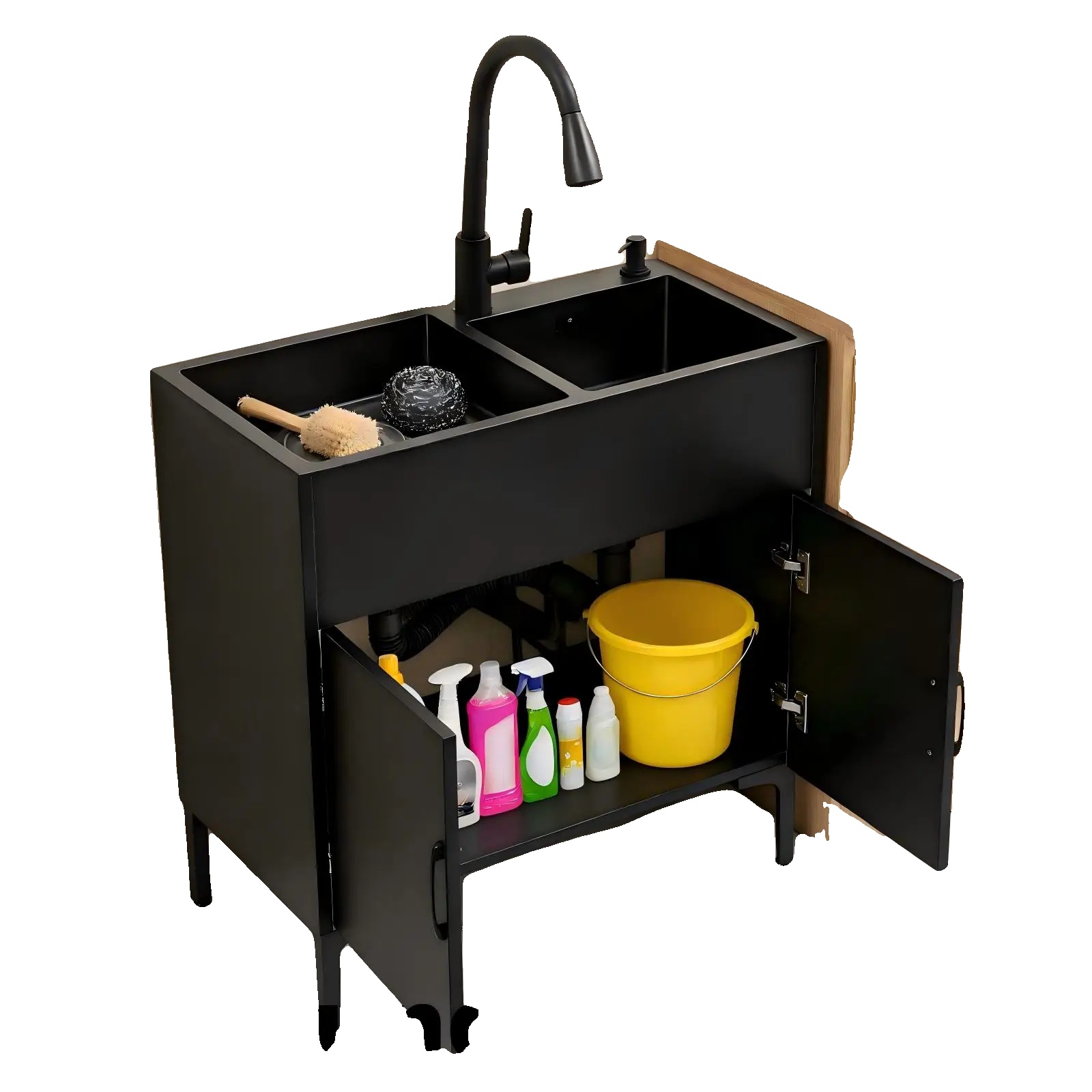 Küchenspülenunterschrank, Gesamtabmessungen 75 X 41 Cm, Große Spüle 36 X 36 X 20 Cm, Kleine Spüle 31 X 31 X 20 Cm, Ausziehlänge Des Wasserhahns 30 Cm,