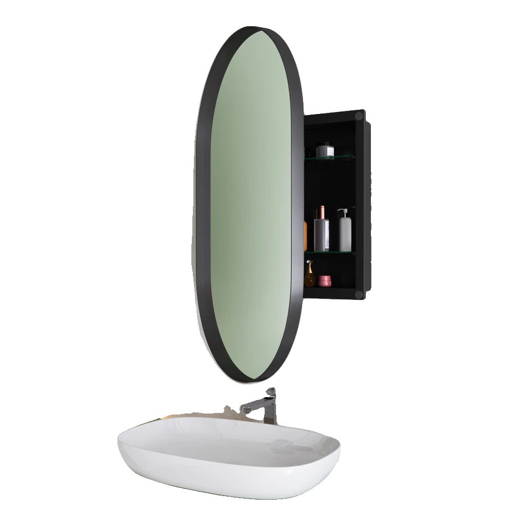 Spiegelschrank, Einbau-design, Verstellbare Regale, Oval Schwarz