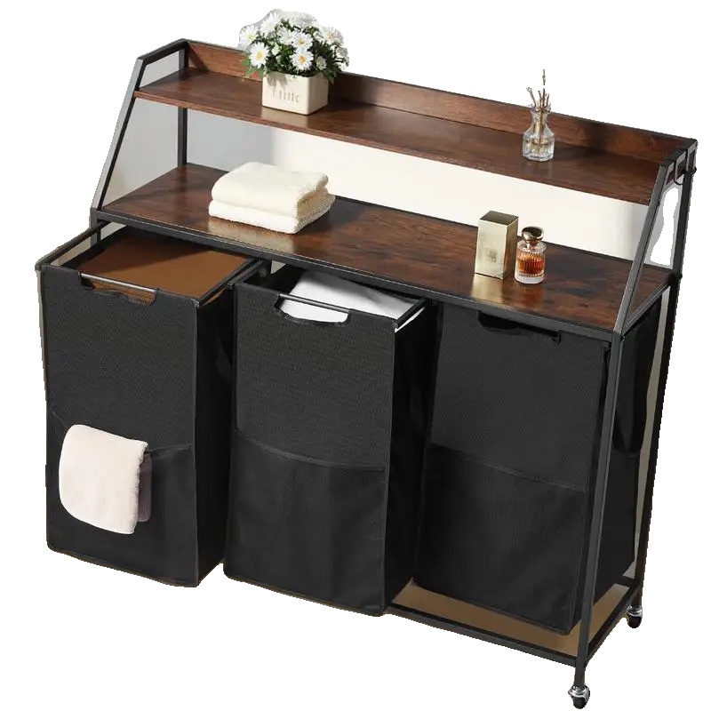Wäschesortierer, 600d Oxford-stoff, 81 X 46 X 86 Cm, 3 Fächer, Metallrahmen, Holztablett