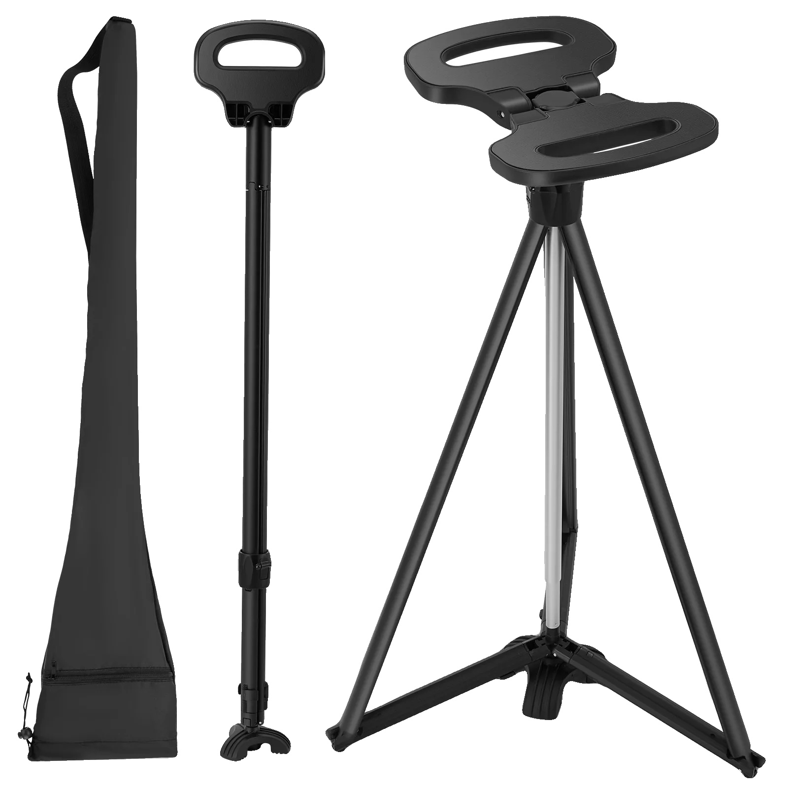 Faltbarer Gehstockstuhl, Tragbares Design, Höhenverstellbar, Schwarz