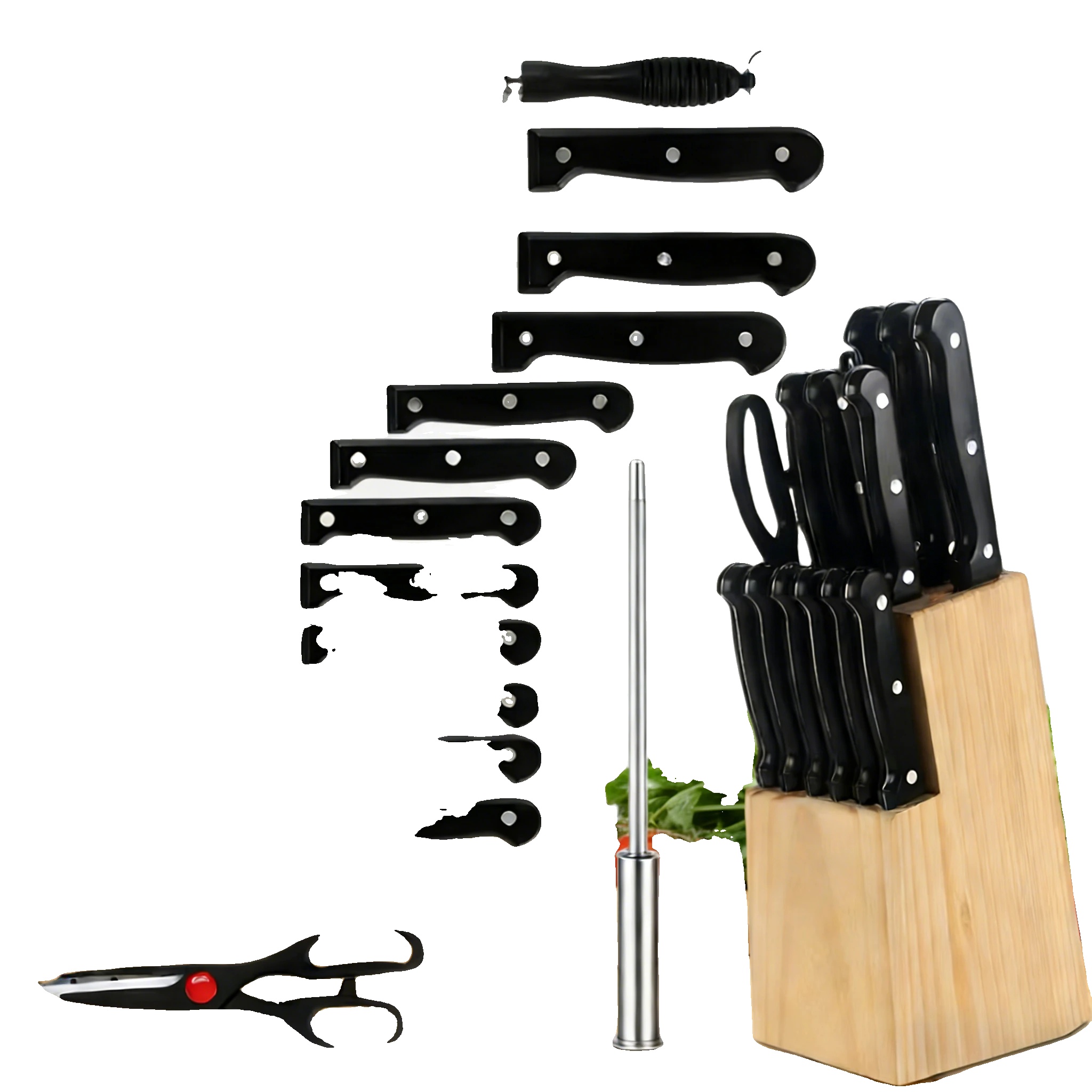 Küchenmesser Set, 15 Teile, 2cr13 Edelstahl, 20,5 Cm Klingenlänge, 12 Cm Griff Länge, Rutschfester Pp-griff