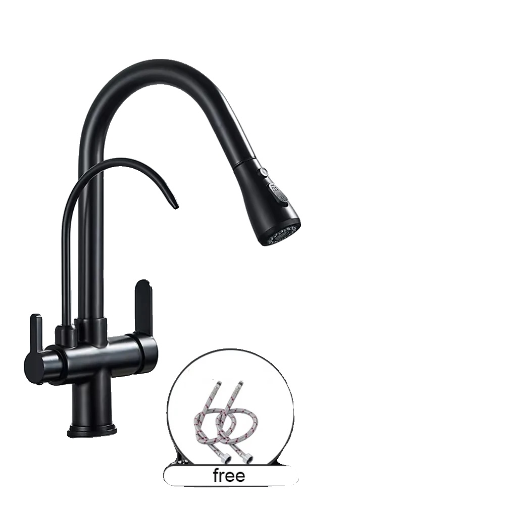 Wasserfilterarmatur, Doppelgriff, Ausziehbare Auslauf, Mattschwarz