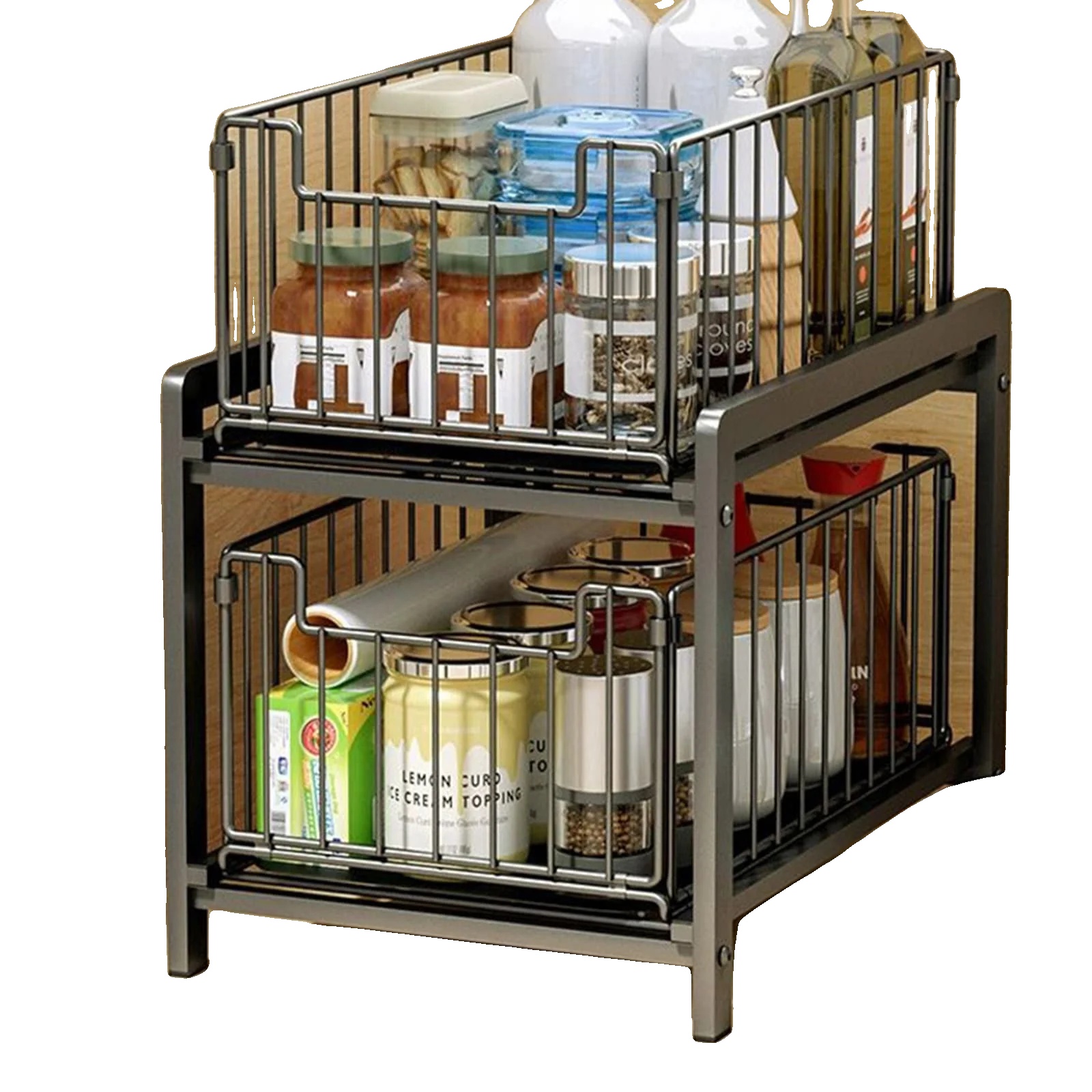 Schrankorganizer, 2-stufiges Design, Herausziehbare Aufbewahrung, Schwarz