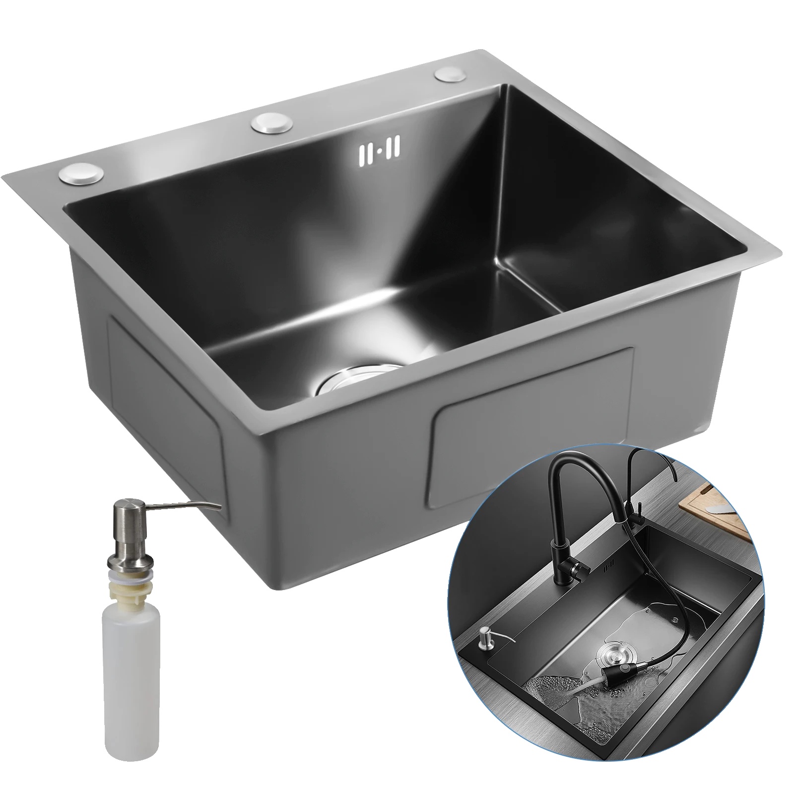 Küchenspüle, Edelstahlkonstruktion, Tiefes Becken-design, Schwarz