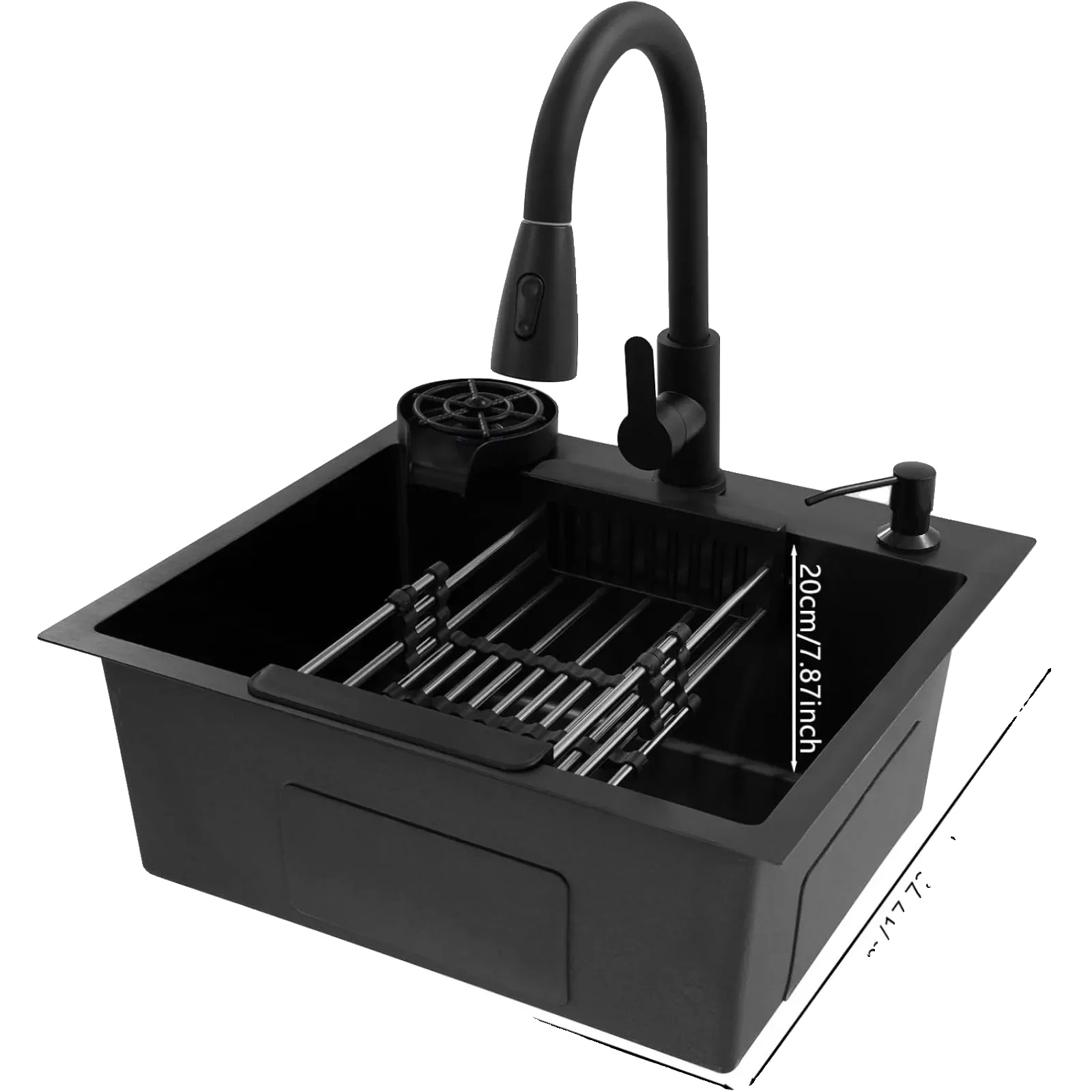Küchenspüle, Ausziehbarer Wasserhahn, Becherreiniger, Schwarz