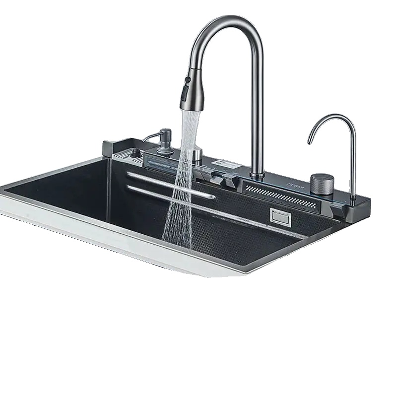 Küchenspüle, Integrierter Wasserhahn, Seifenspender, Schwarz