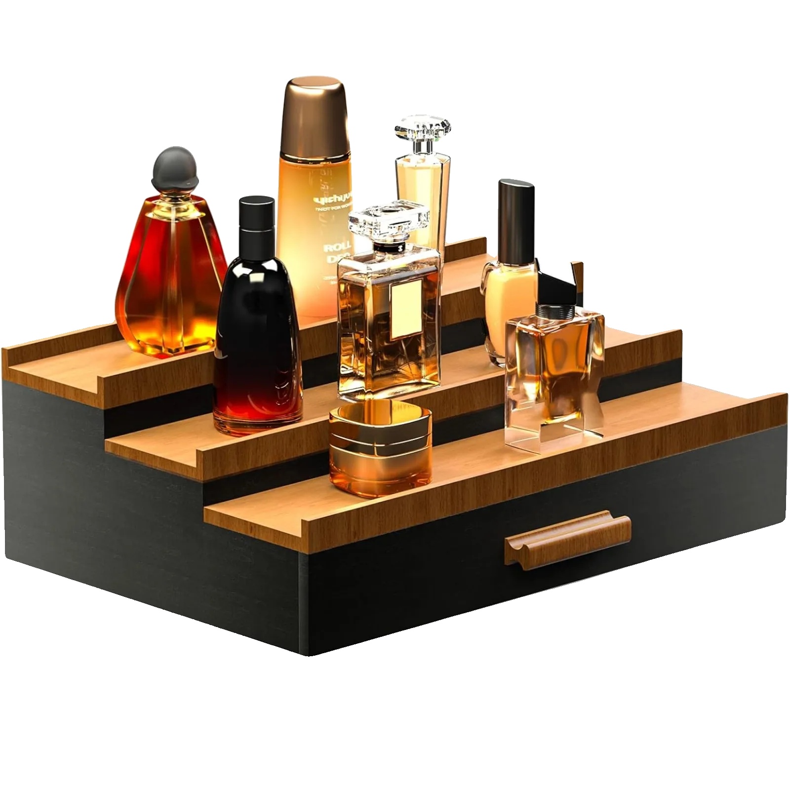 Parfümdisplayständer, Schwarzwalnuss-finish, 3-tier-design, Schubladenspeicher, Organisierter Duftregal, Stilvolle Schreibtischdekoration