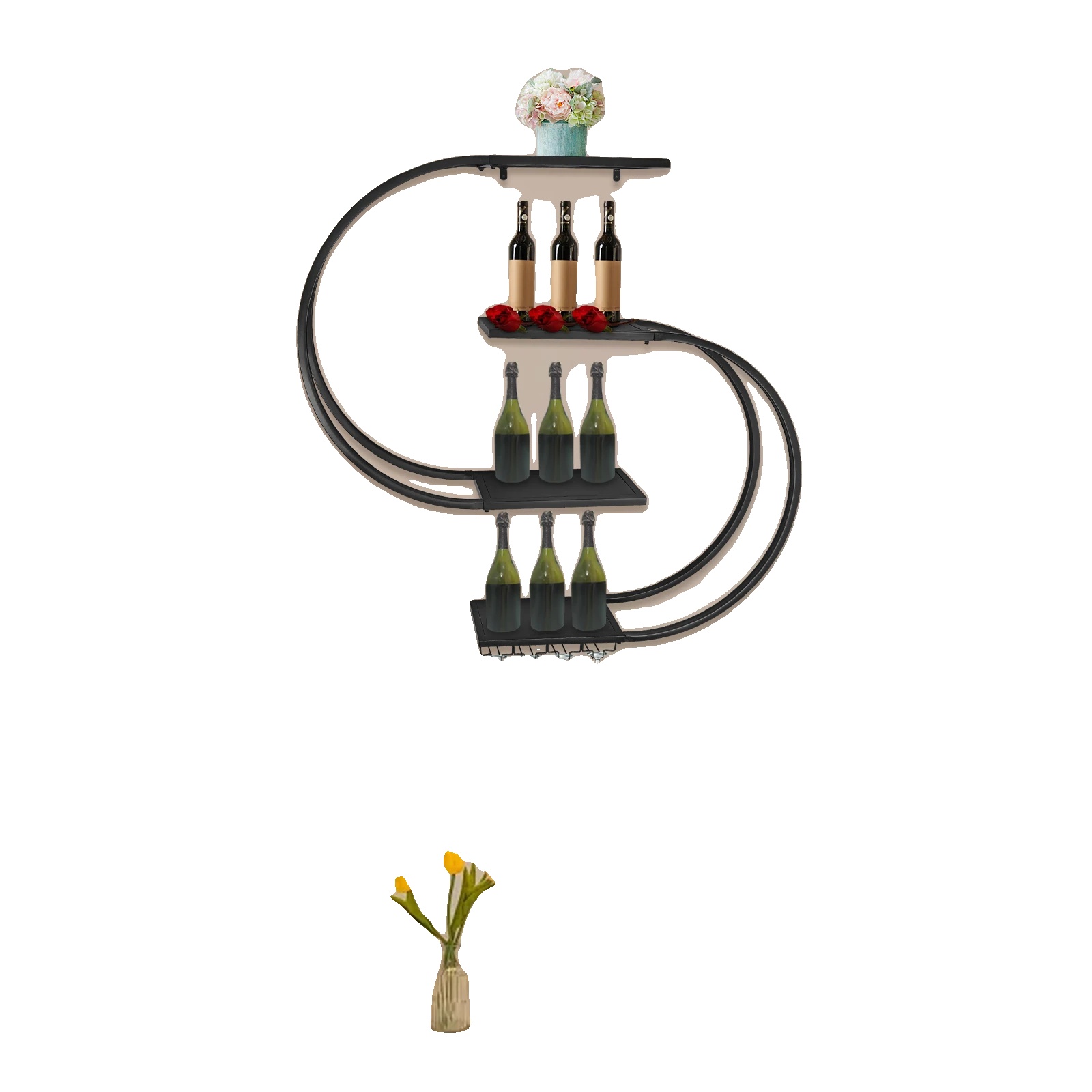 Weinregal, Wandmontage, 4-stufiges Design, Schwarz