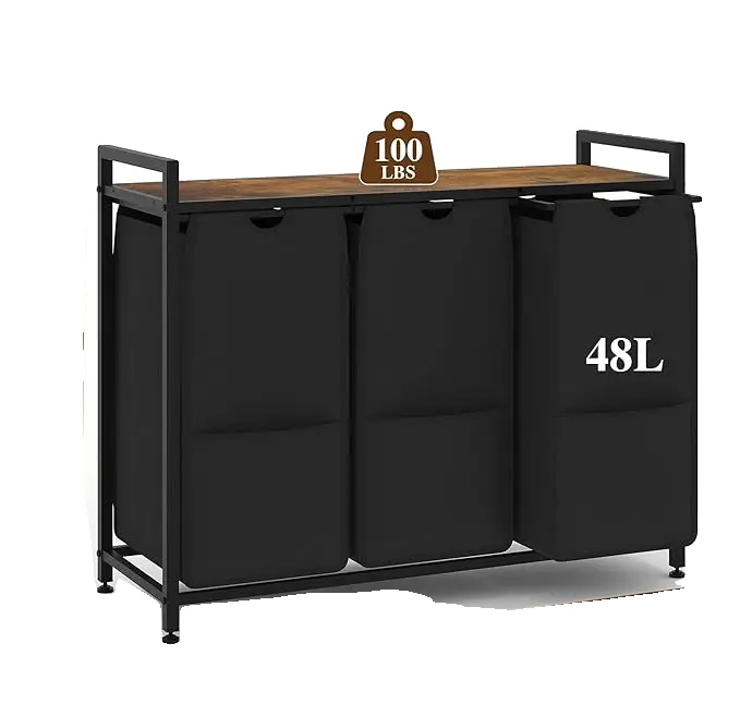 Wäschekorb, Strapazierfähige Stofftaschen, Stabiler Holzdeckel, 3fächer Bk