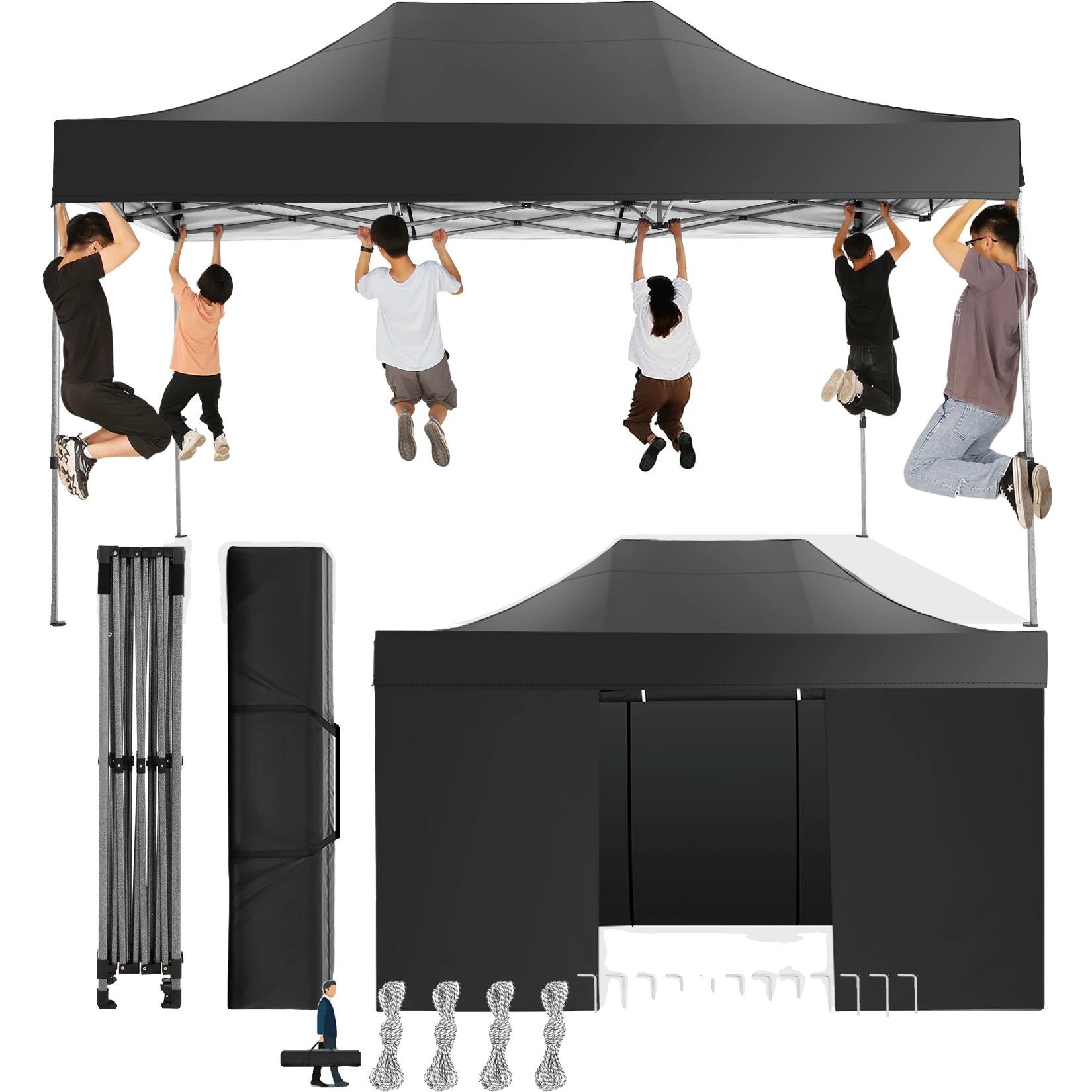 Gazebo Zelt, Wasserdichtes Gewebe, Höhenverstellbar, Schwarz