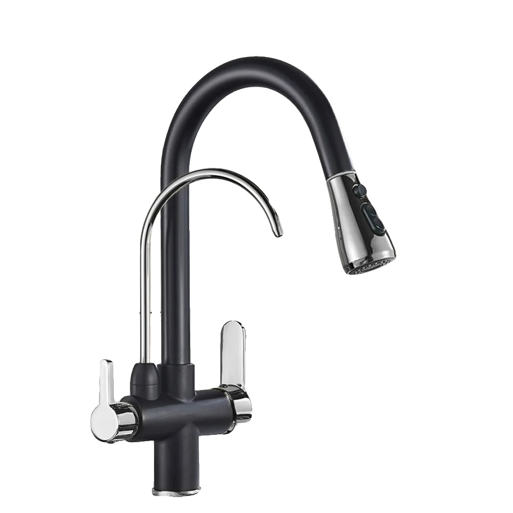 Gefilterte Küchenarmatur, Ausziehbare Sprühfunktion, Robuste Messingkonstruktion, Schwarzes Chrom