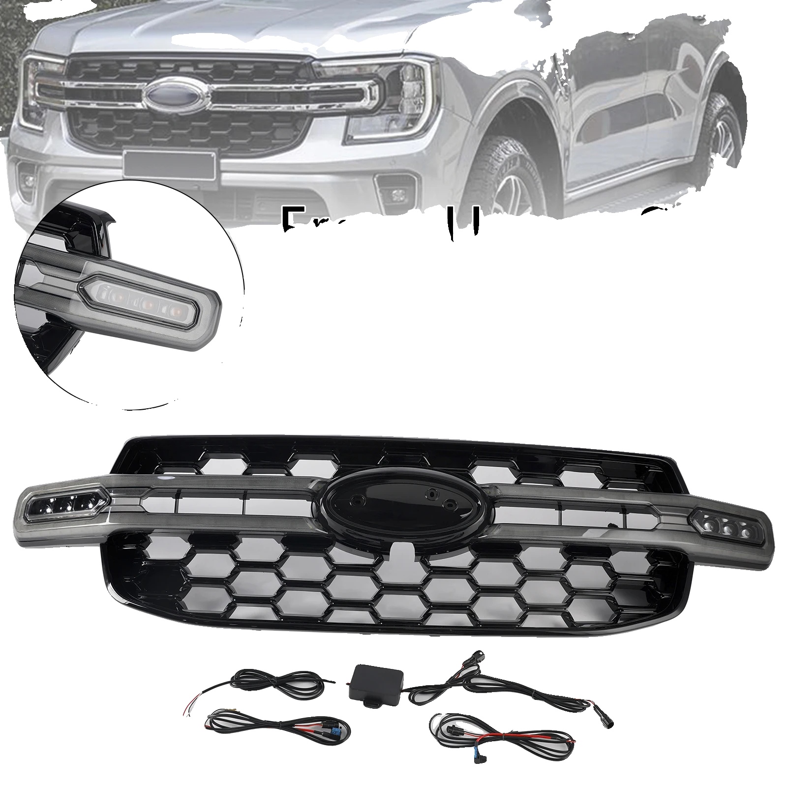 Vordere Obere Kühlergrill, Hochwertiger Abs-kunststoff, Direkter Ersatz, Dynamische Scheinwerferfunktion, Kompatibel Mit Ford Ranger T9 2023-2024,