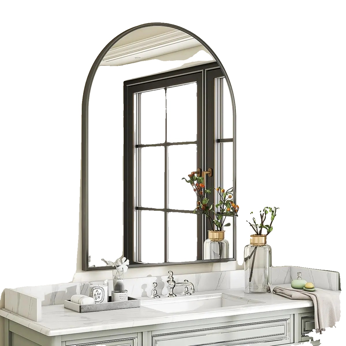 Badezimmer Spiegel, Rahmen, Wandmontiert, Gewölbt 96x66cm Schwarz, Aluminium-a