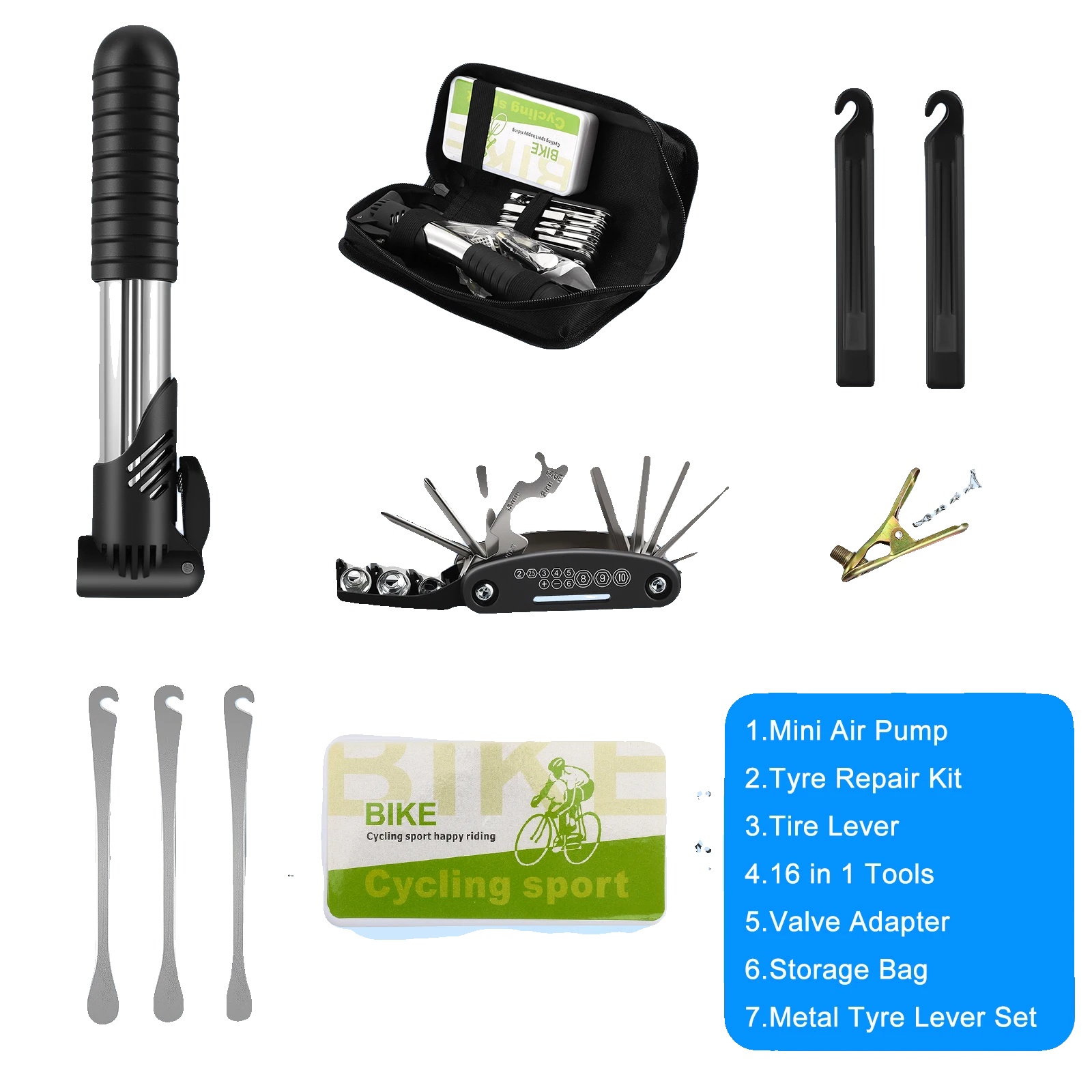 Fahrradreparaturset, 17-in-1 Multifunktionswerkzeug, Mini-luftpumpe, Schwarz