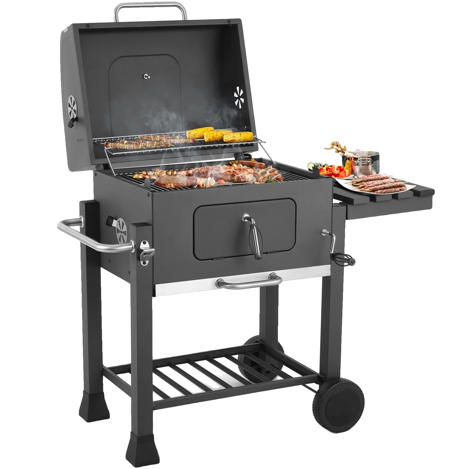 Holzkohlegrill, Gesamte Kochfläche 578 Quadratzoll, Verstellbare Luftöffnungen 4, Eingebautes Thermometer, Höhenverstellbare Kohleplatte, Seitentisch