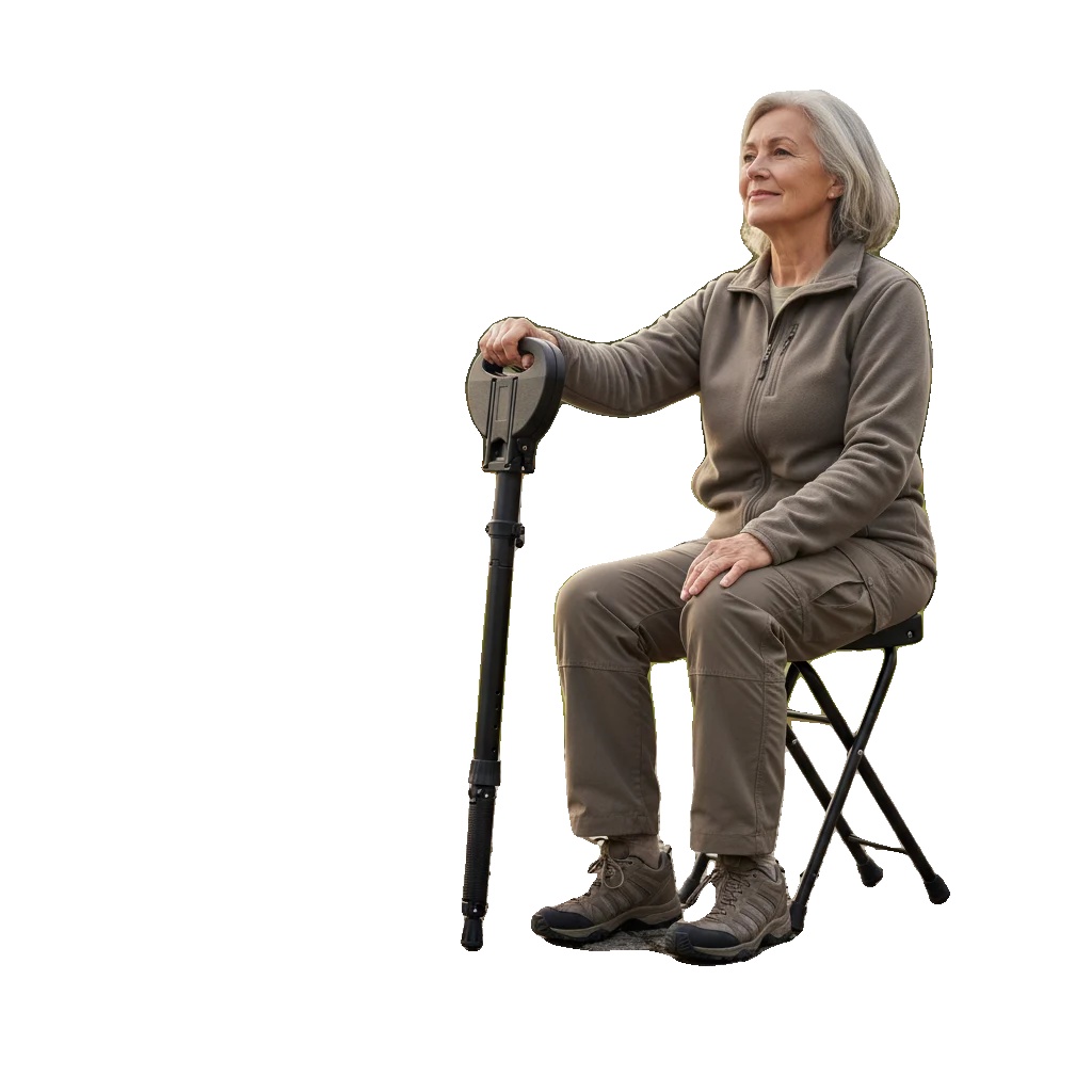 Gehstockstuhl, Verstellbare Höhe 87–95 Cm, Sitzhöhe 49–57 Cm, Tragfähigkeit 150 Kg, Ergonomischer Griff, Tragbare Aufbewahrungstasche