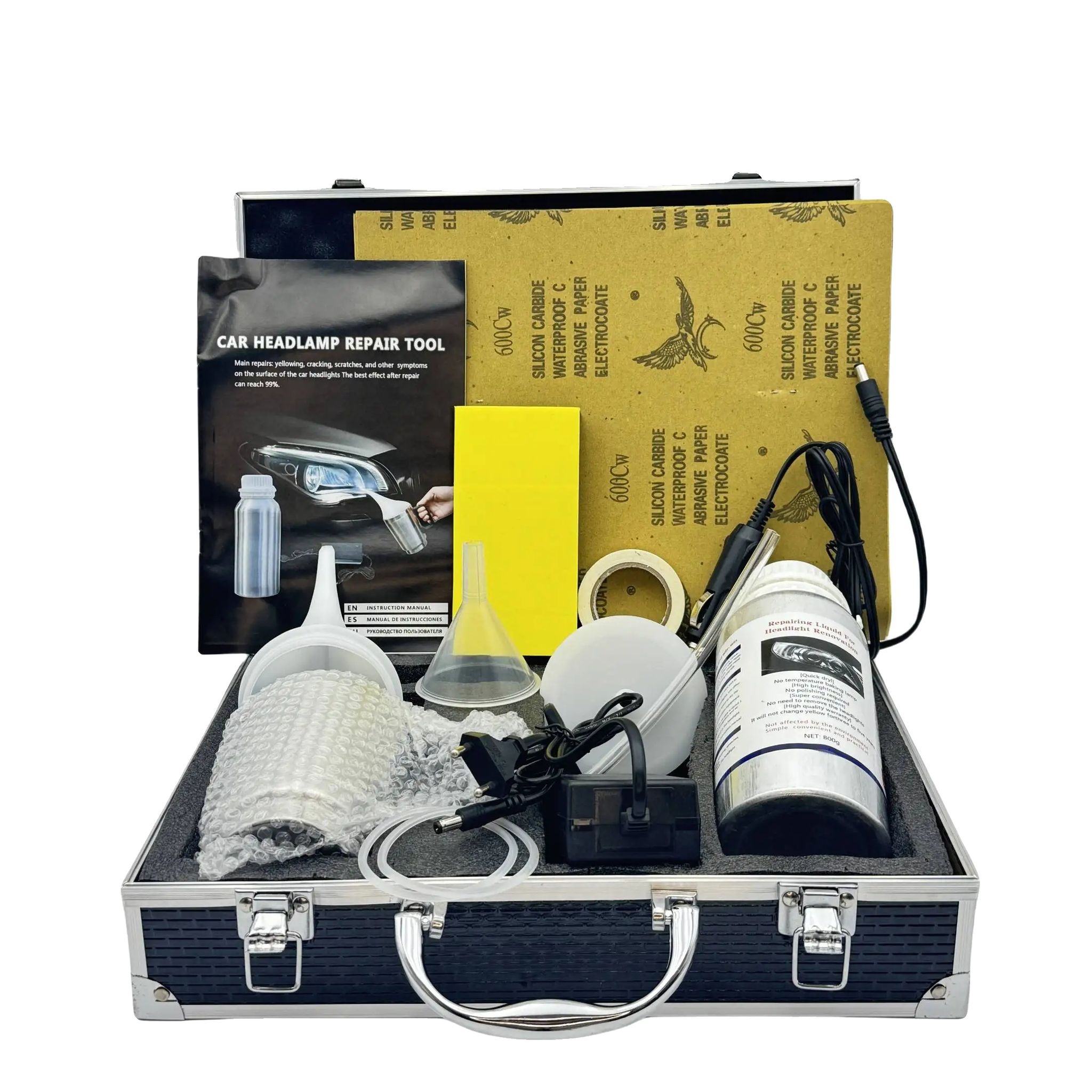 Scheinwerfer-restaurierungsset, 800ml Flüssigkeit, Komplettes Werkzeugset, Aluminium Aufbewahrungskit