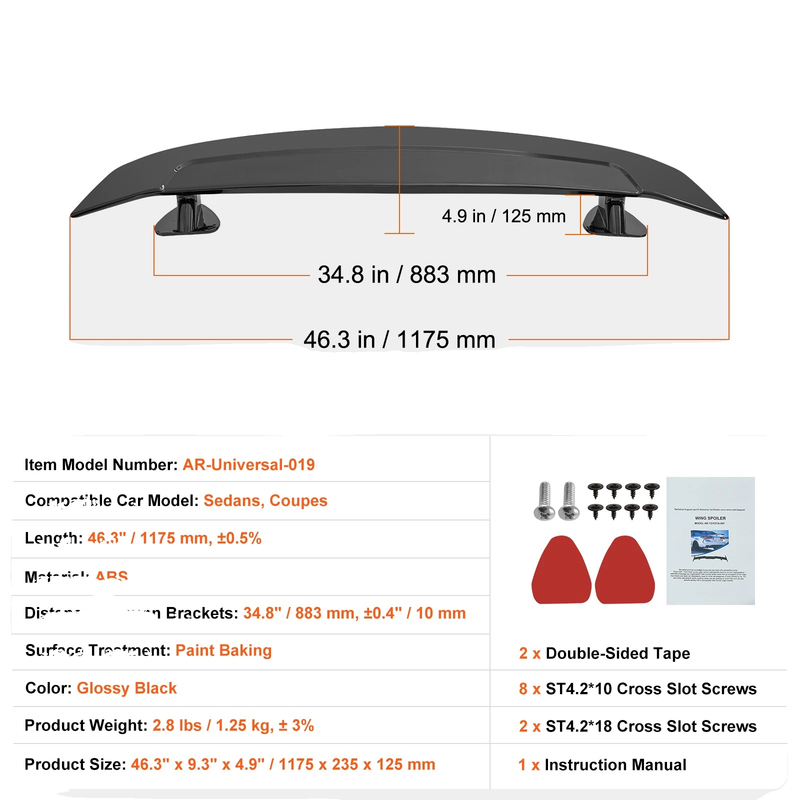 Auto-spoiler, Universelle Passform, Robuste Abs-konstruktion, 46.3in