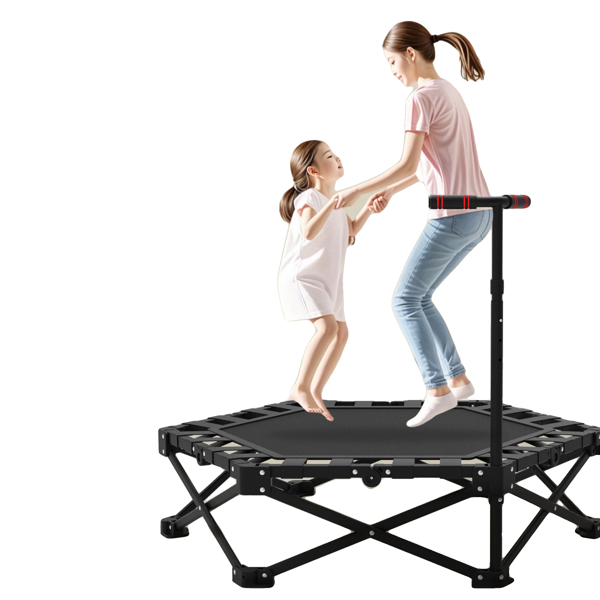 Fitness-trampolin, Verstellbarer Schaumstoffgriff, 150 Kg Tragfähigkeit, Geräuschpegel 20 Db, Faltbares Design, Abmessungen 107 Cm X 91 Cm X 103-123