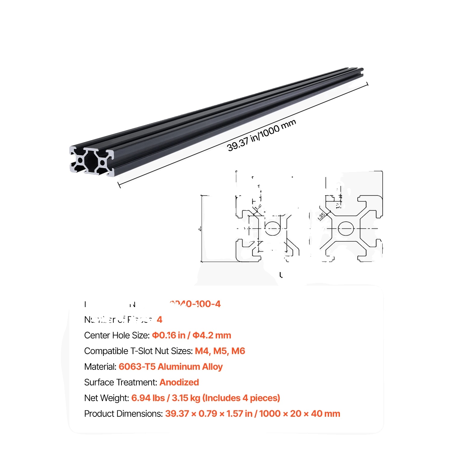 Linearschiene, T-slot-kompatibilität, Präzisionsengineering, 4 Stk 1000mm
