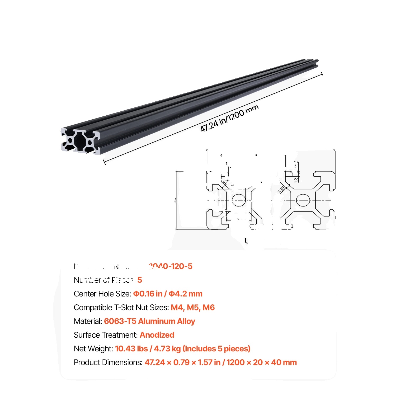 Linearschiene, T-slot-kompatibilität, Präzisionsengineering, 5 Pcs 1200mm