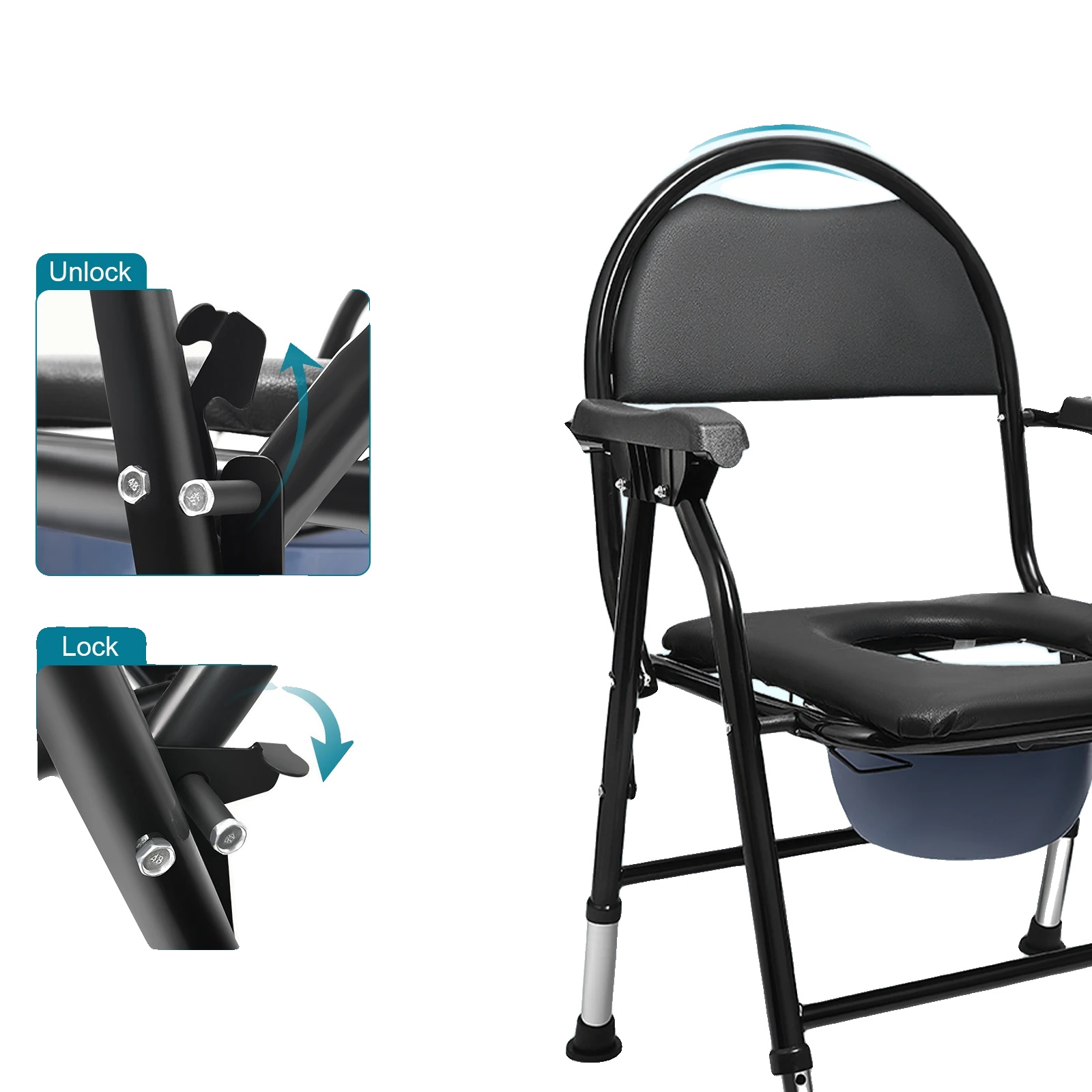 Kommode Stuhl, 5-stufige Höhenverstellung, Faltbares Design, Schwarz