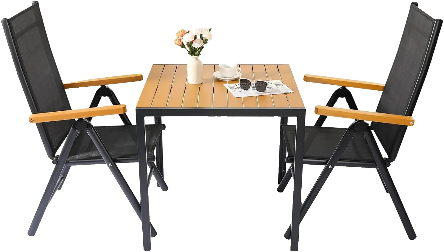Gartenmöbelset, Verstellbare Klappstühle, Wpc-quadrattisch, Schwarz.holzmaserung