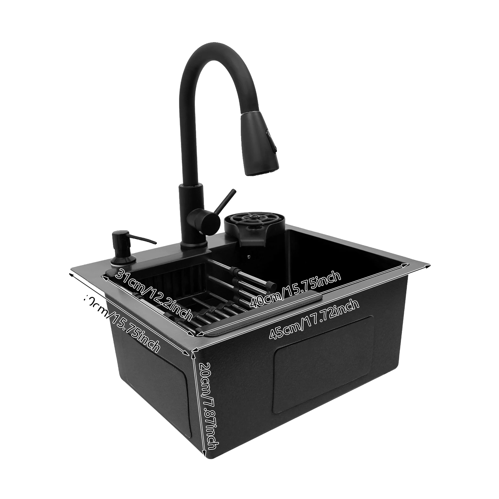 Küchenspülen-set, Ausziehbarer Wasserhahn, Eingebauter Seifenspender, Schwarz