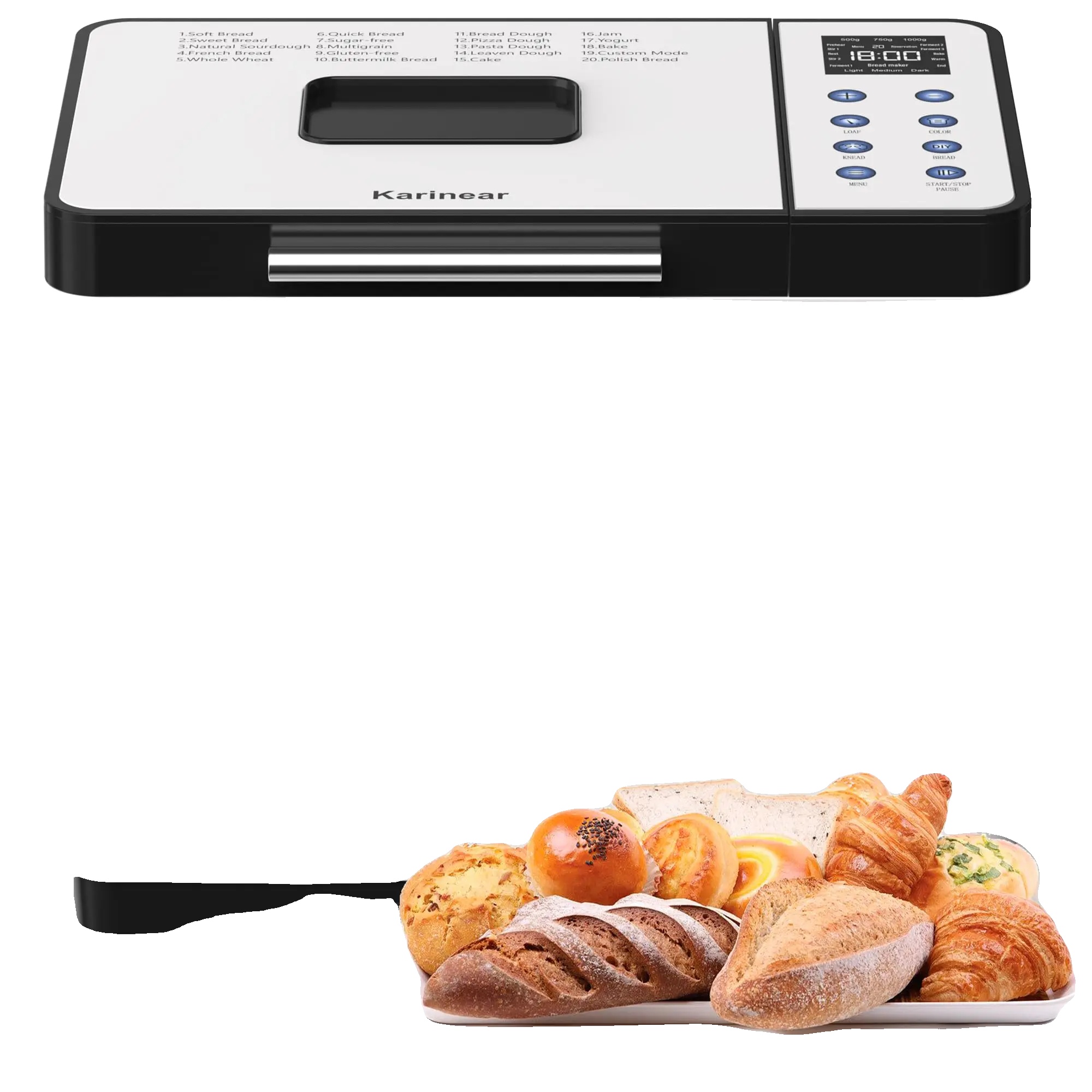 Brotmaschine, 20 Programme, 15-stunden-timer, 2 Kg Kapazität, Edelstahl, Abmessungen 354x258x287mm