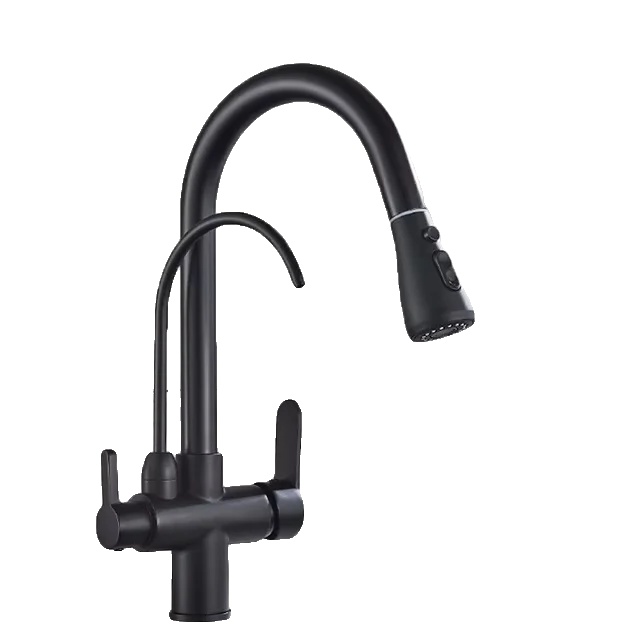 Wasserhahn, Ausziehbare Sprühdüse, Doppelgriff, Mattschwarz