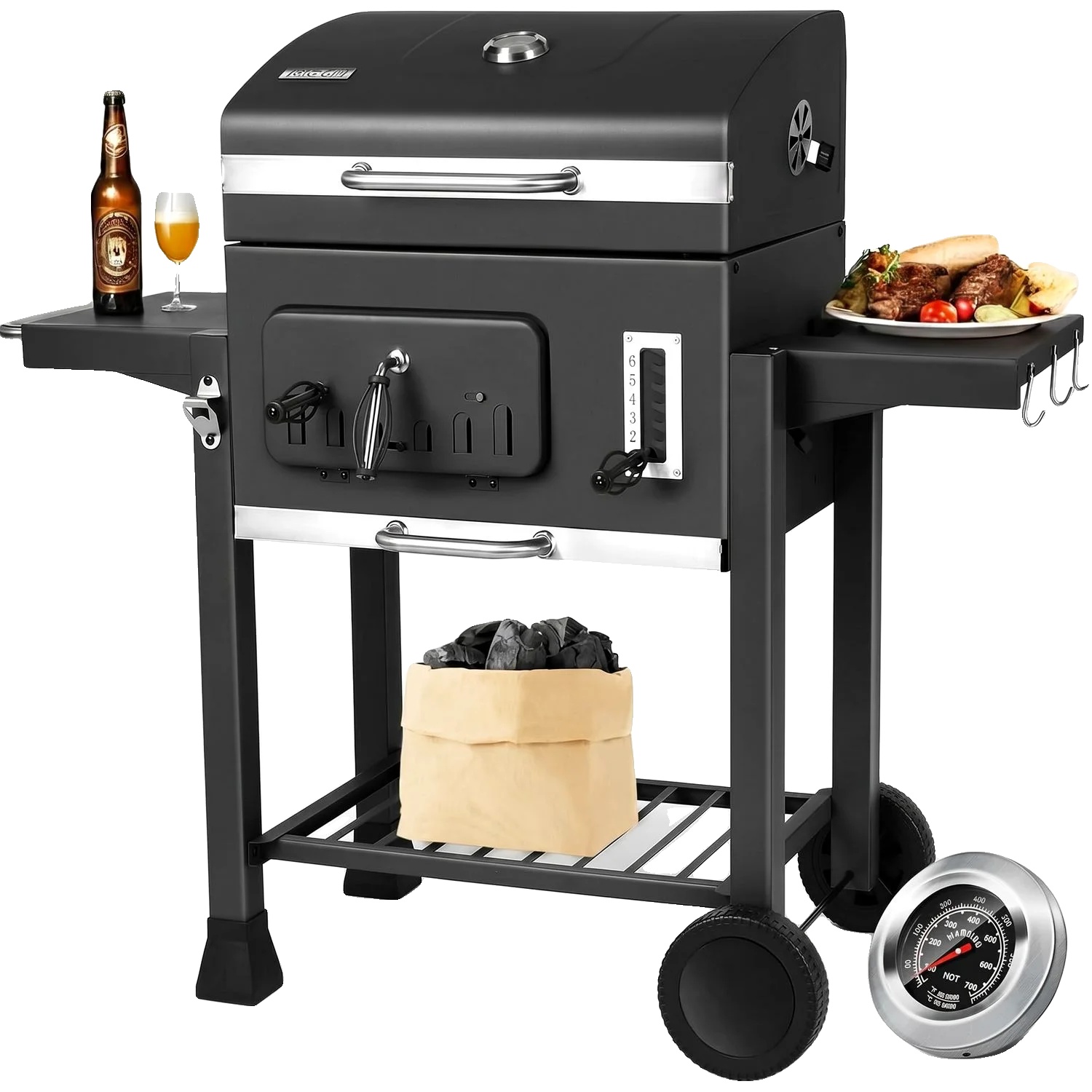 Holzkohlegrill, Wagenfunktion, Verstellbares Tablett, Schwarz