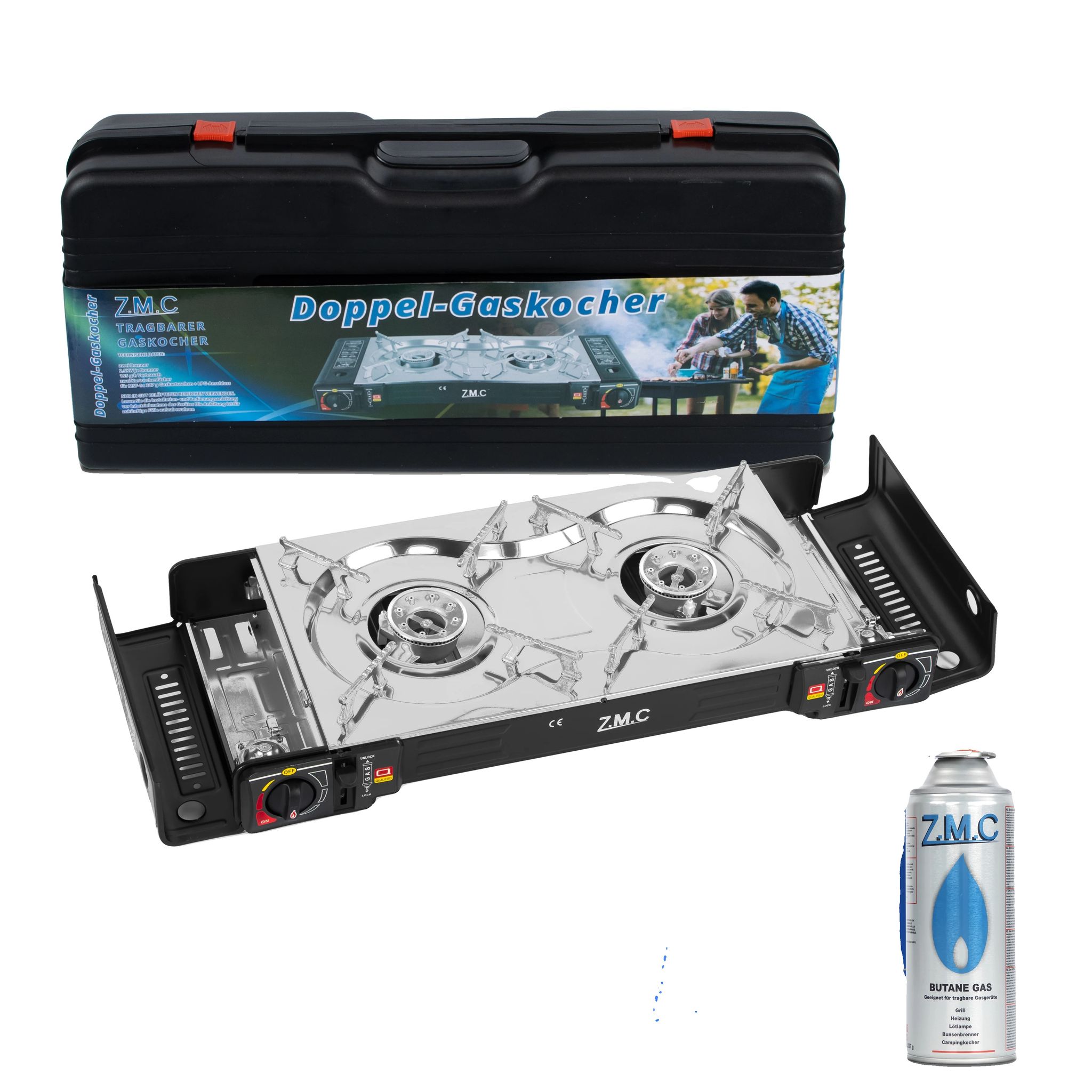 Camping-gaskocher, Edelstahl, Zwei Brenner 2,5 Kw, Piezozündung, Tragbares Design, Flexible Kraftstoffoptionen